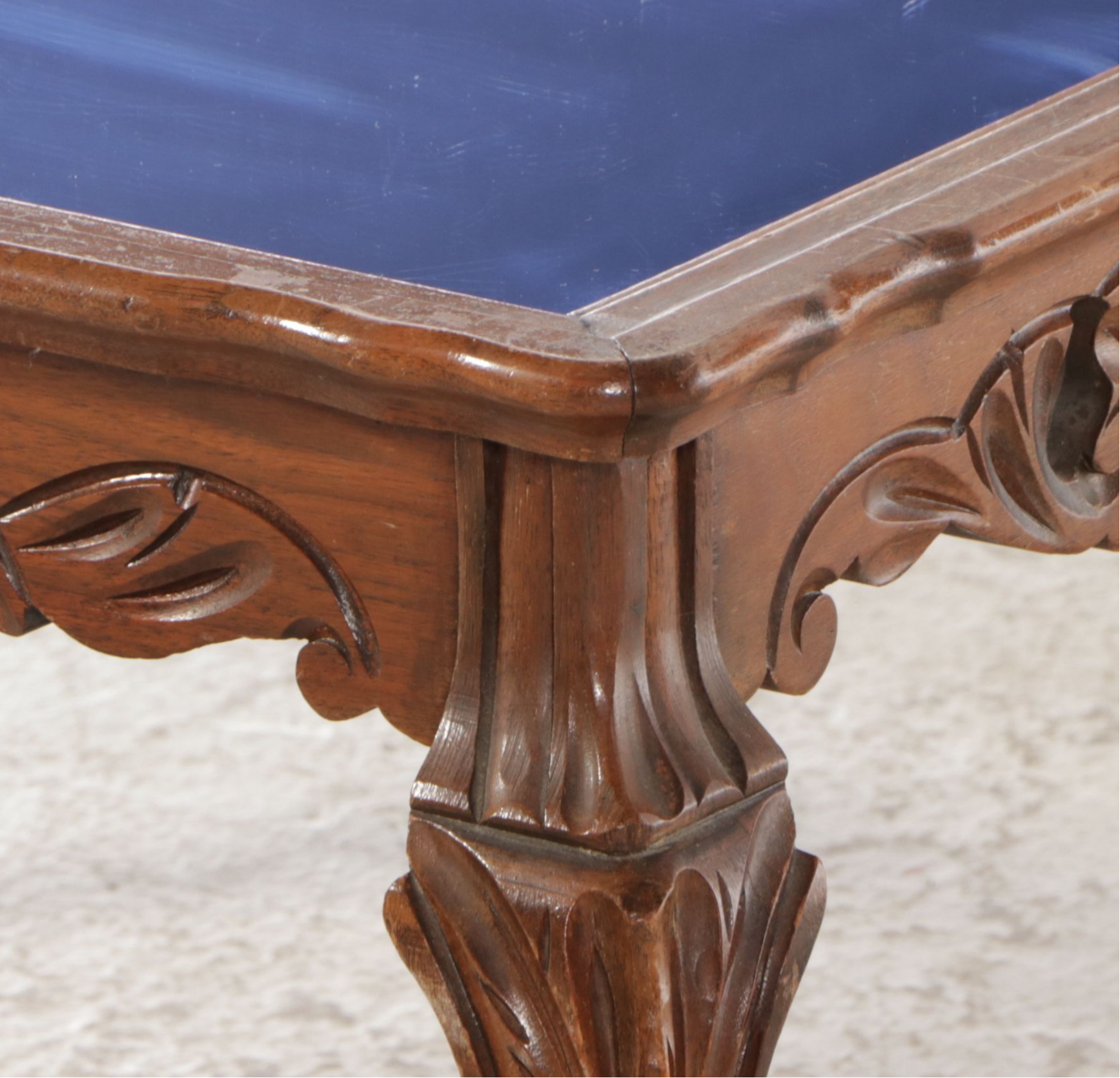 French Provincial Style Carved Walnut Coffee Table with Blue Mirrored Top