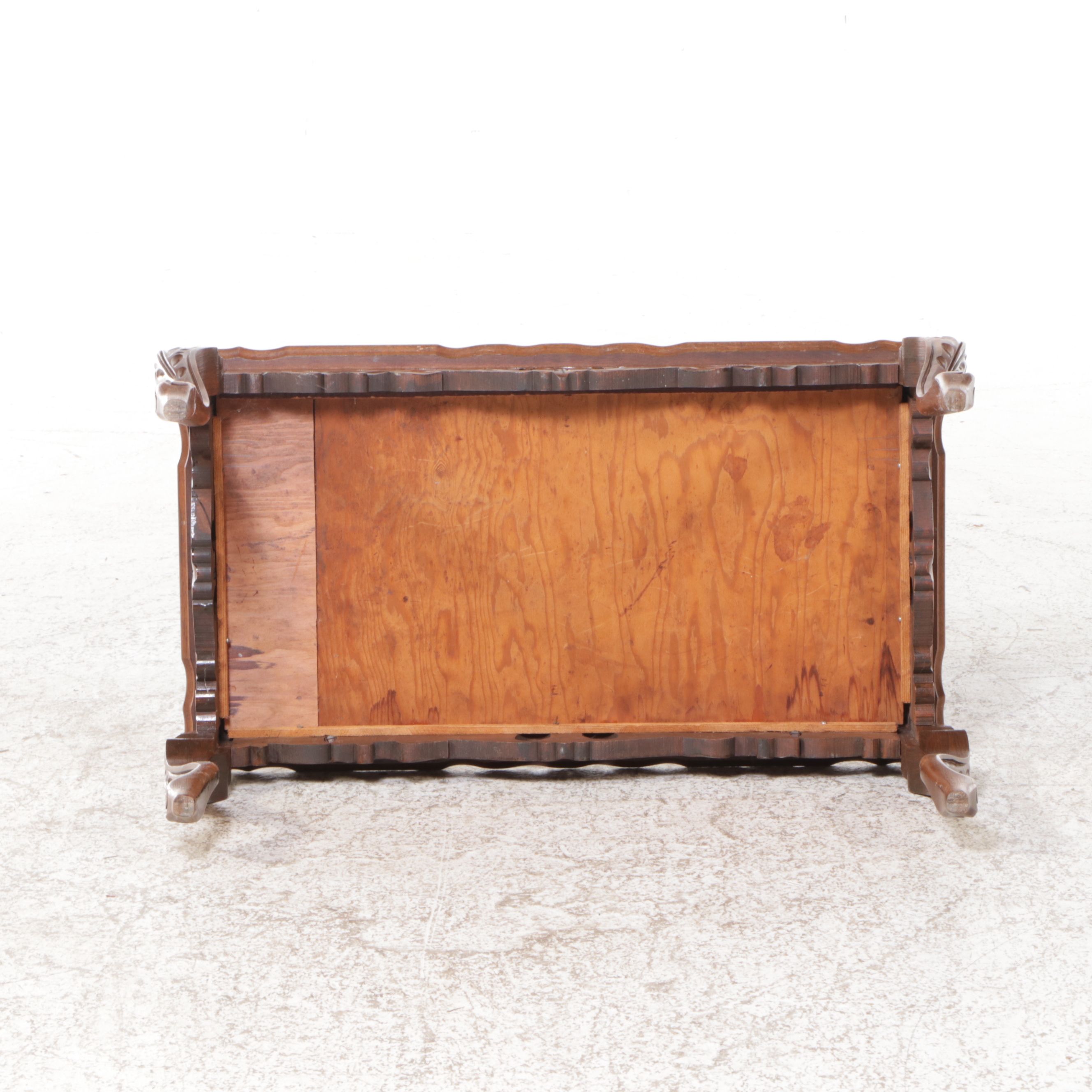 French Provincial Style Carved Walnut Coffee Table with Blue Mirrored Top