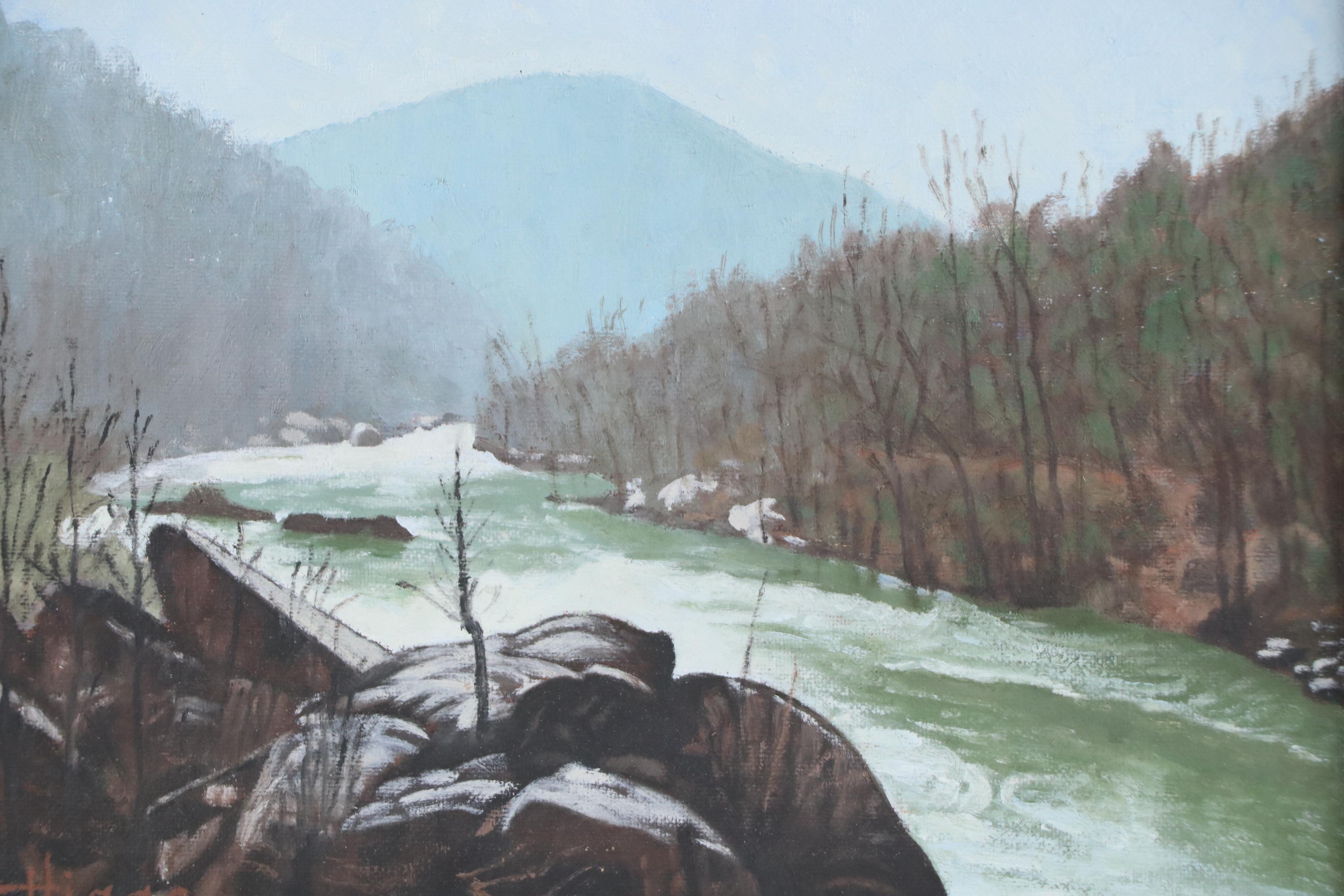 Higgs Mountain River Landscape in Winter Oil Painting, Late 20th Century