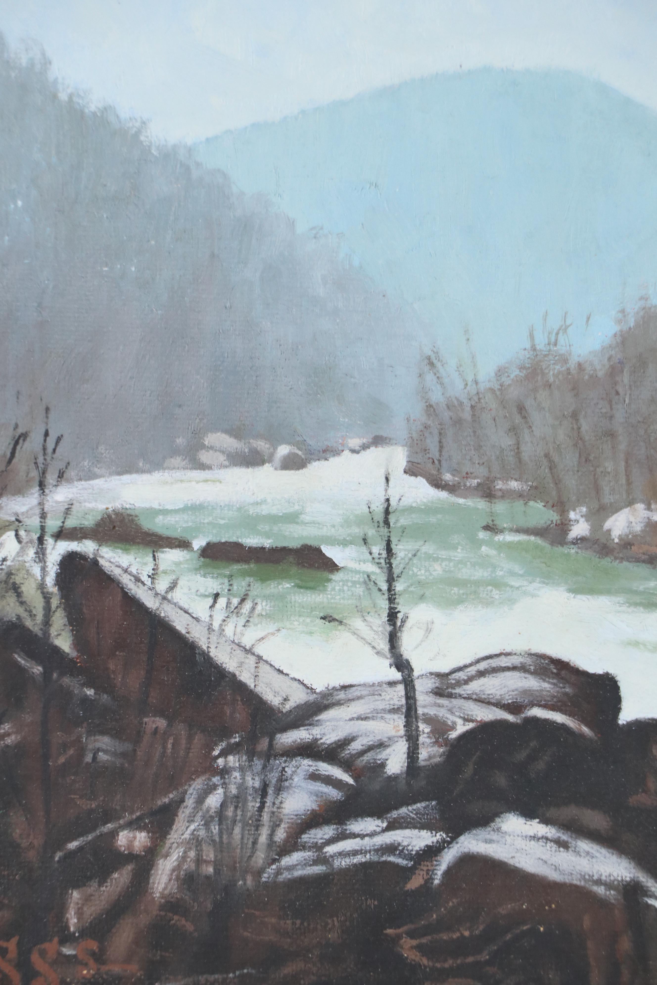 Higgs Mountain River Landscape in Winter Oil Painting, Late 20th Century
