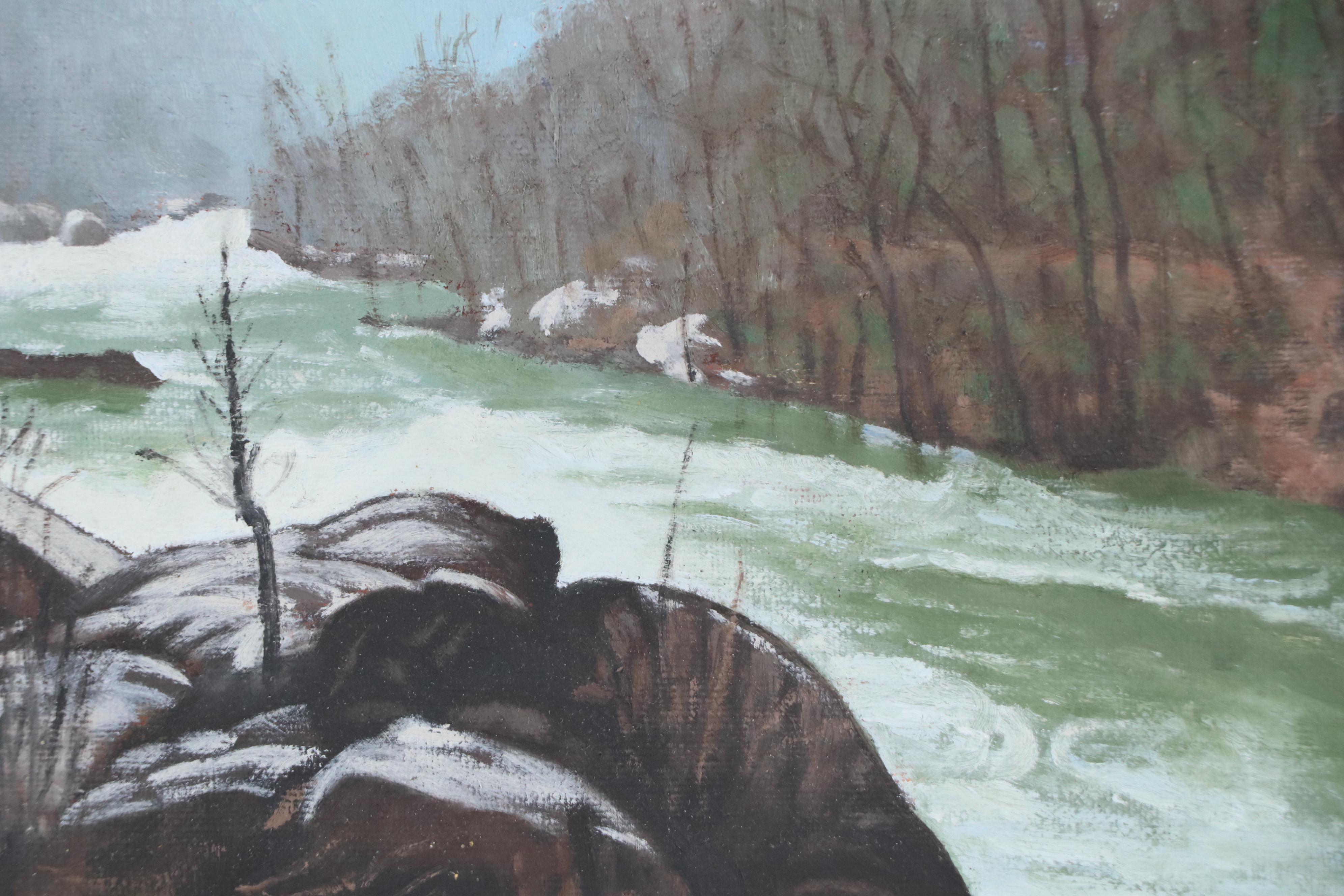 Higgs Mountain River Landscape in Winter Oil Painting, Late 20th Century
