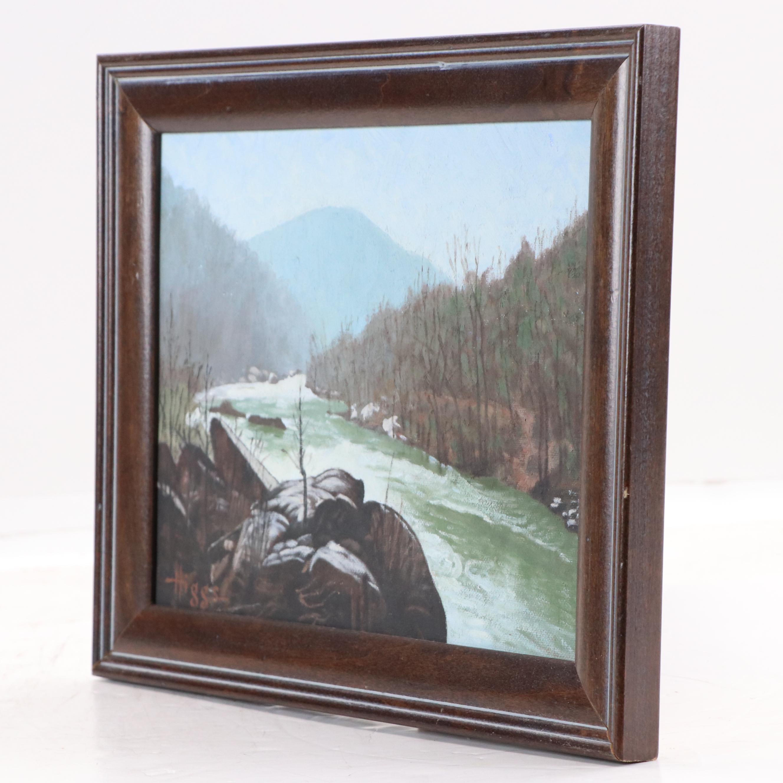 Higgs Mountain River Landscape in Winter Oil Painting, Late 20th Century