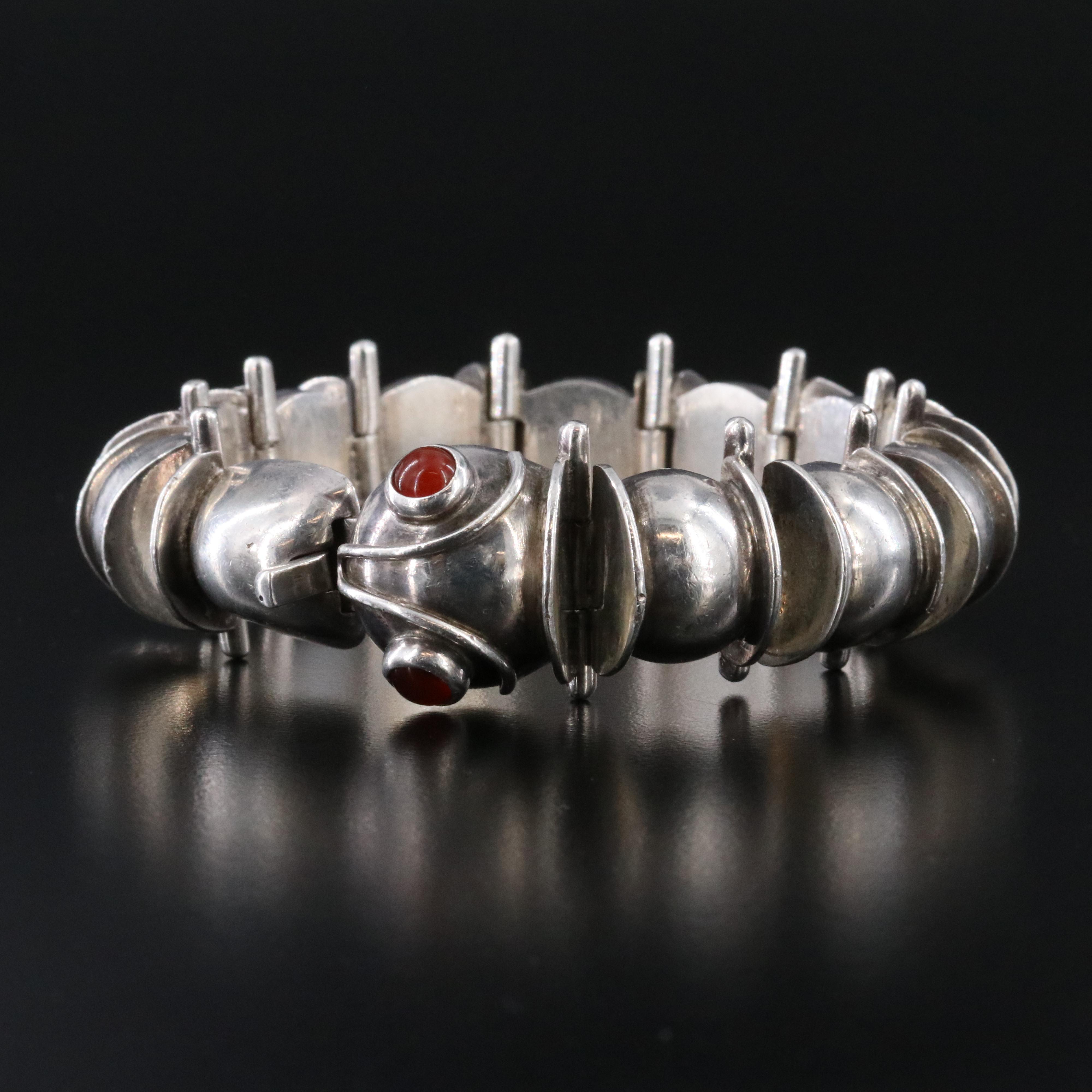 Mexican Modernist Signed Sterling Caterpillar Bracelet with Carnelian Eyes