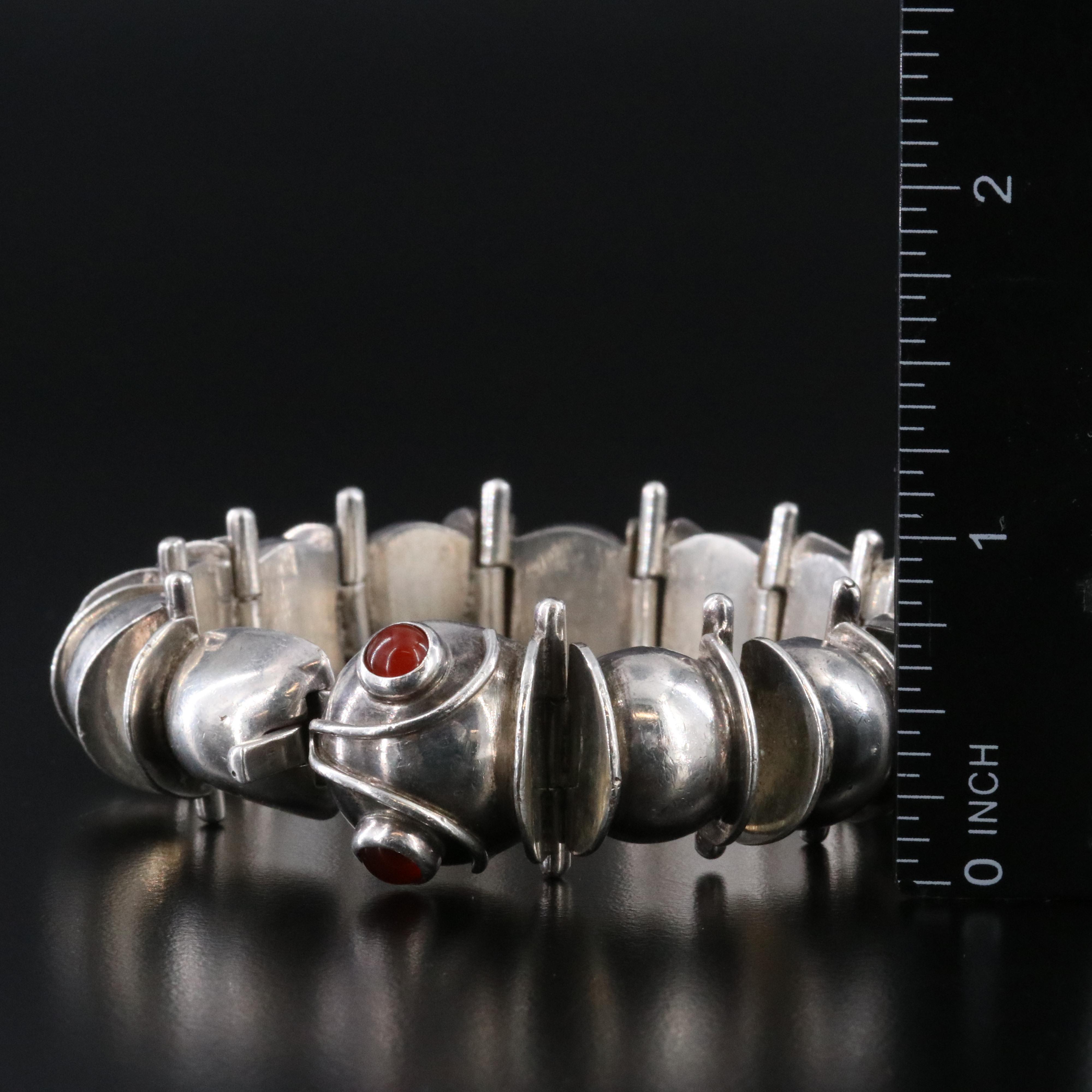 Mexican Modernist Signed Sterling Caterpillar Bracelet with Carnelian Eyes
