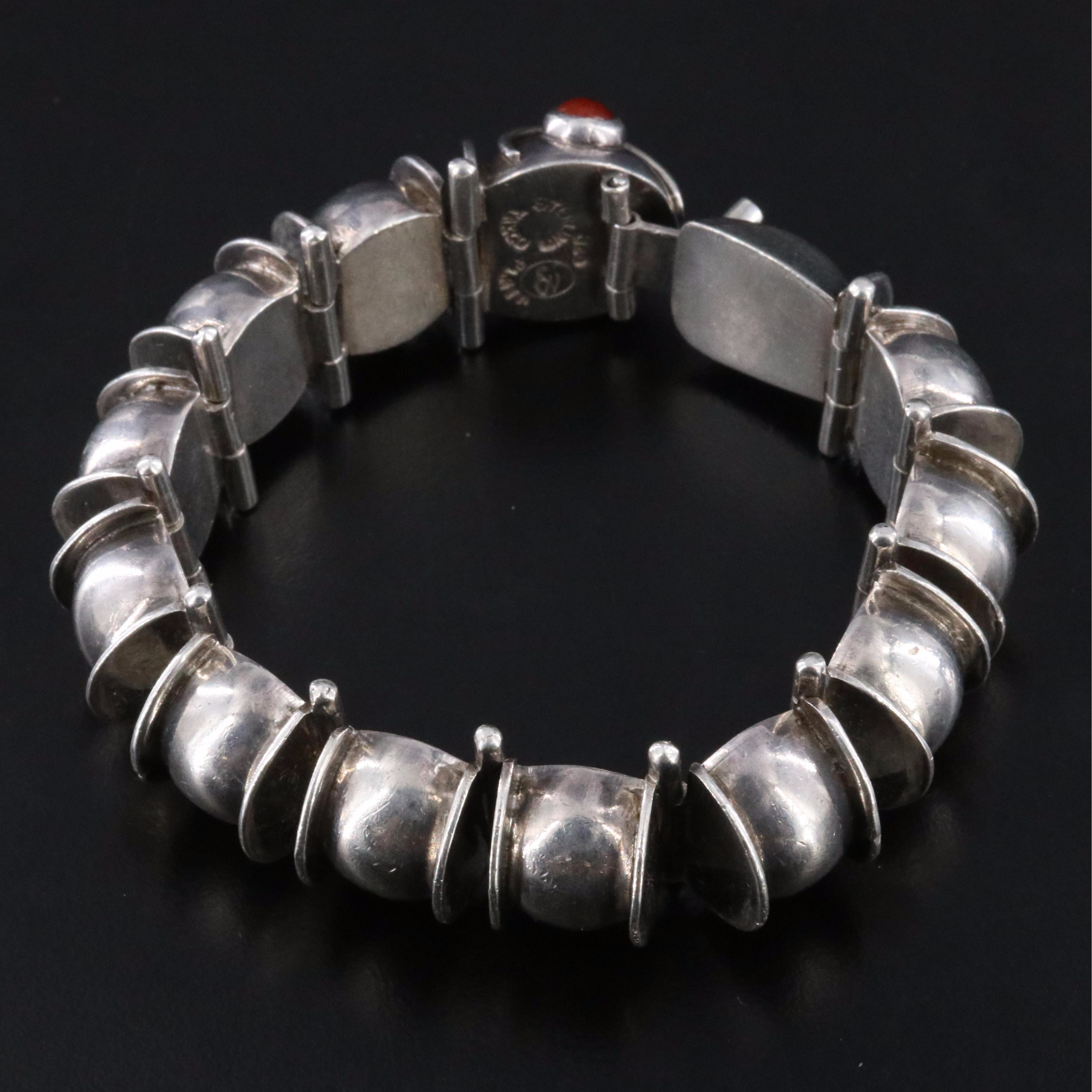 Mexican Modernist Signed Sterling Caterpillar Bracelet with Carnelian Eyes