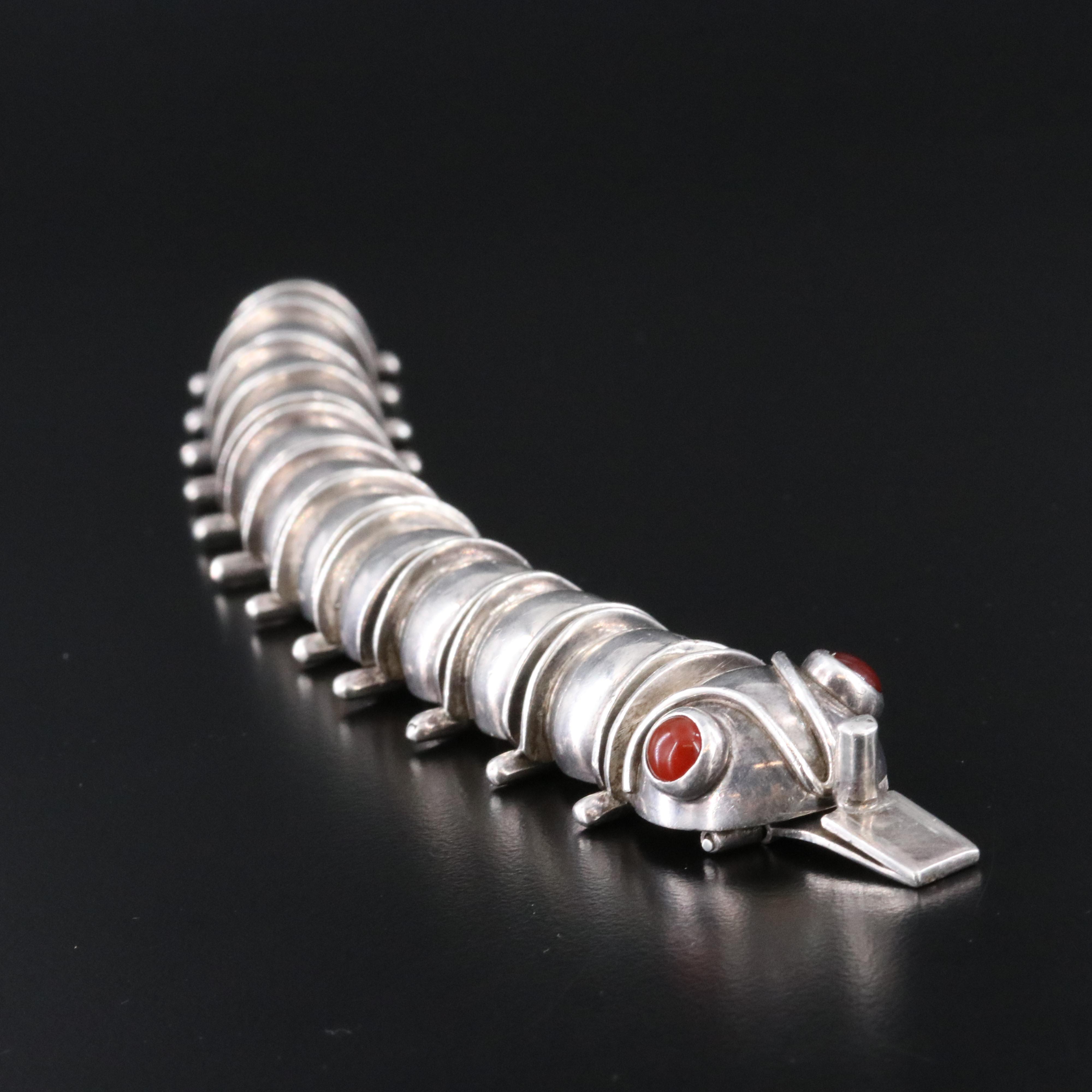 Mexican Modernist Signed Sterling Caterpillar Bracelet with Carnelian Eyes