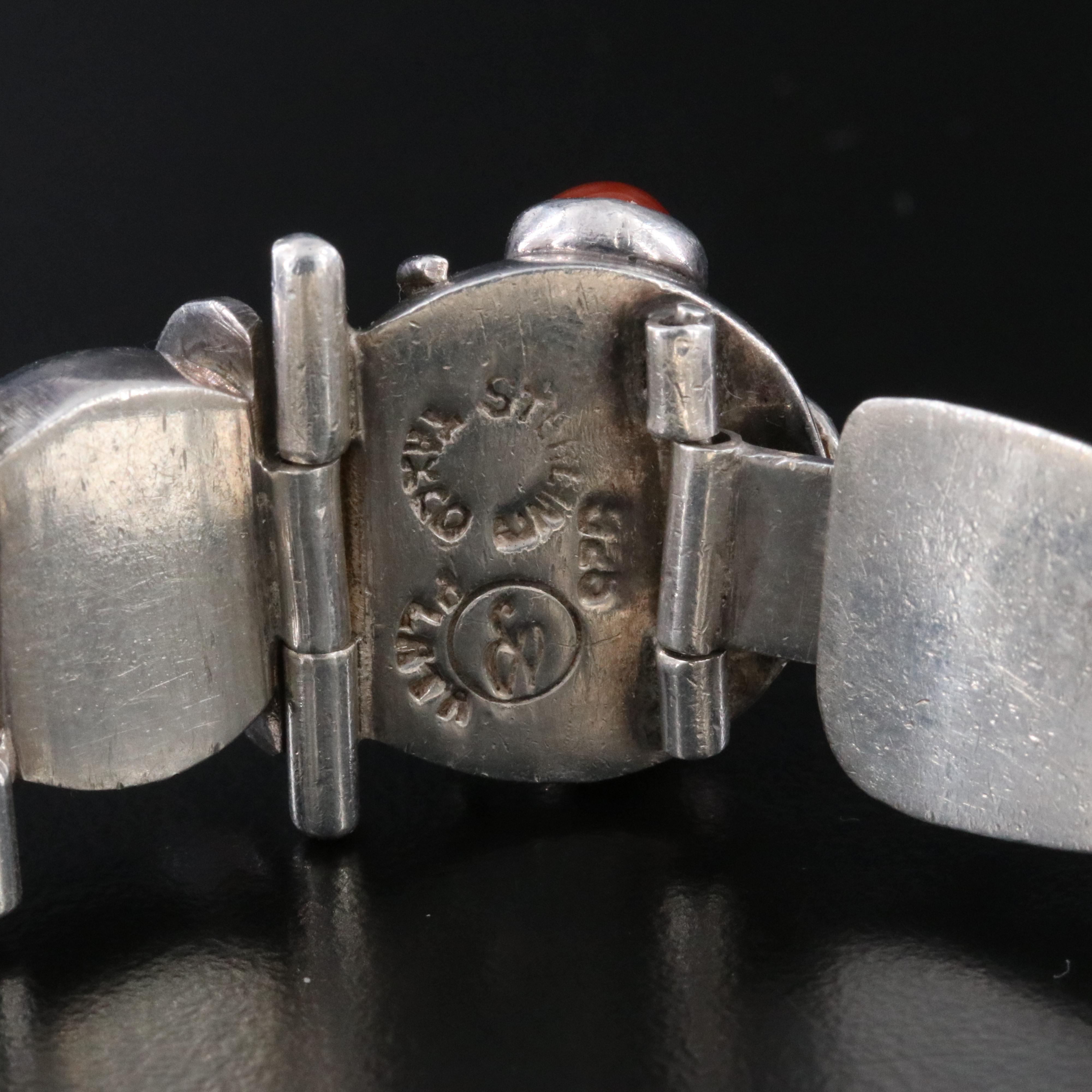 Mexican Modernist Signed Sterling Caterpillar Bracelet with Carnelian Eyes