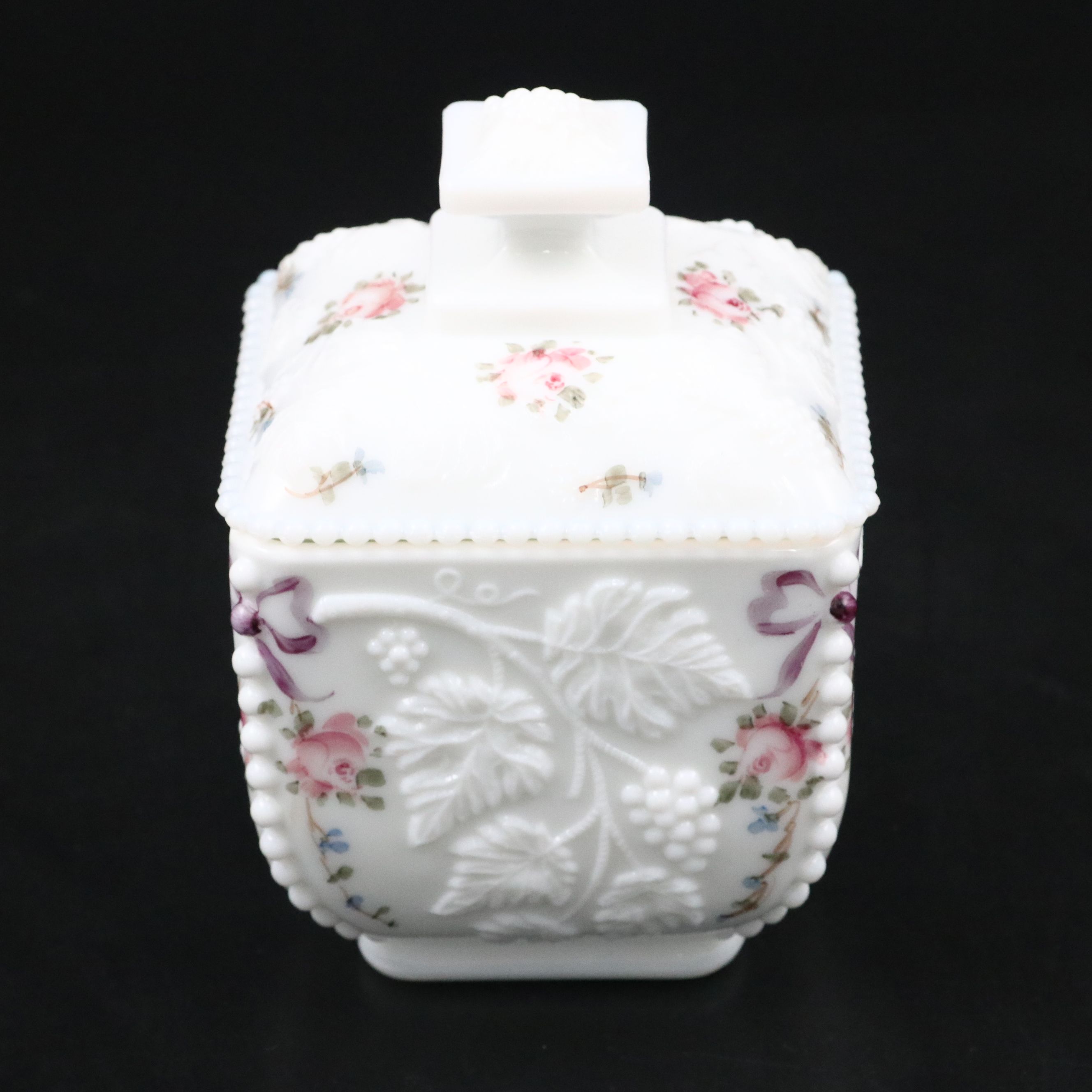 Westmoreland Painted Milk Glass "Paneled Grape" Beaded Puff Box