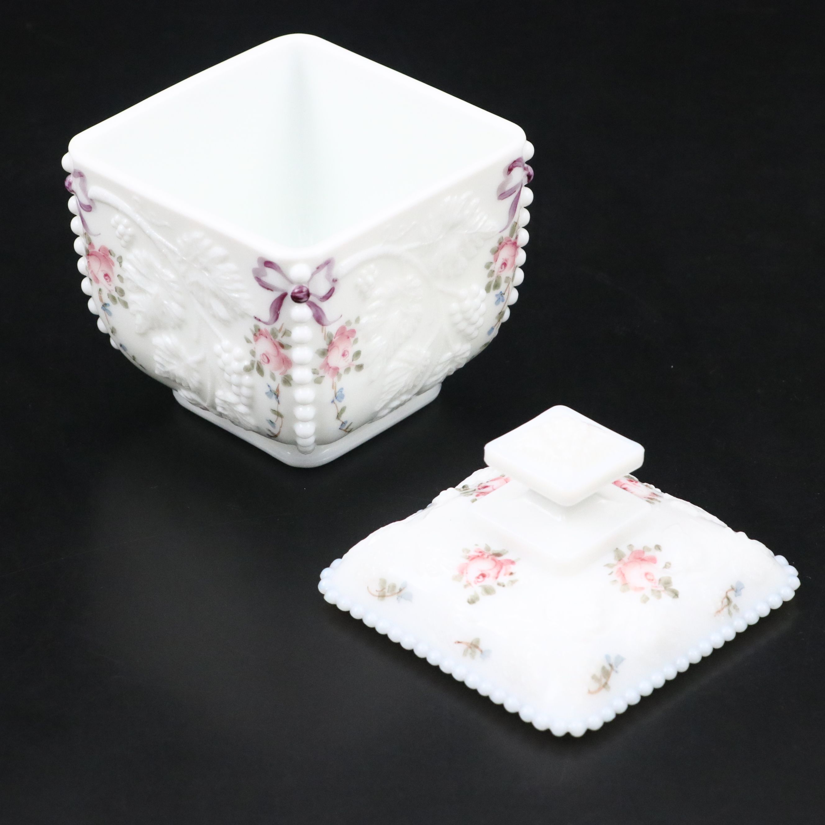Westmoreland Painted Milk Glass "Paneled Grape" Beaded Puff Box