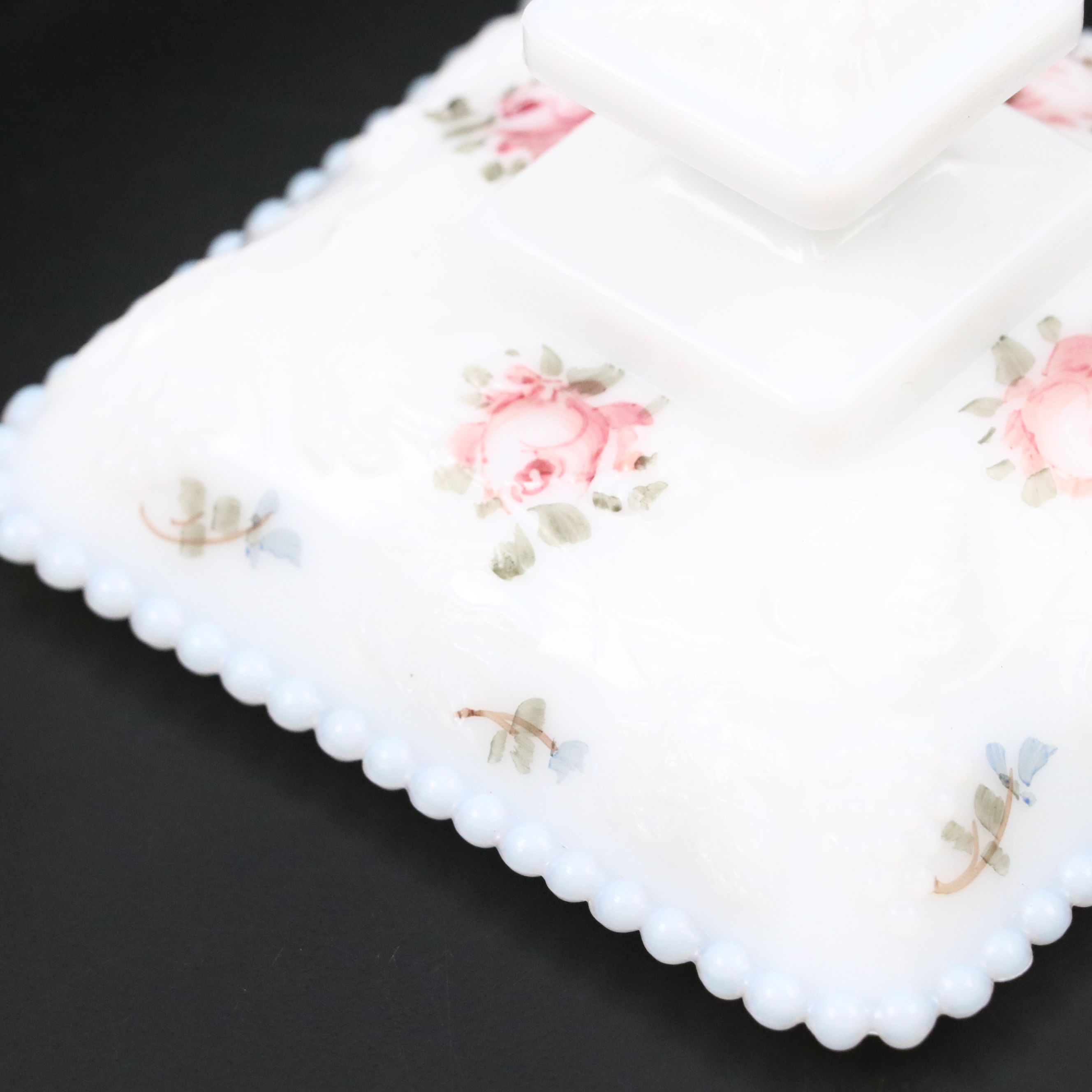 Westmoreland Painted Milk Glass "Paneled Grape" Beaded Puff Box