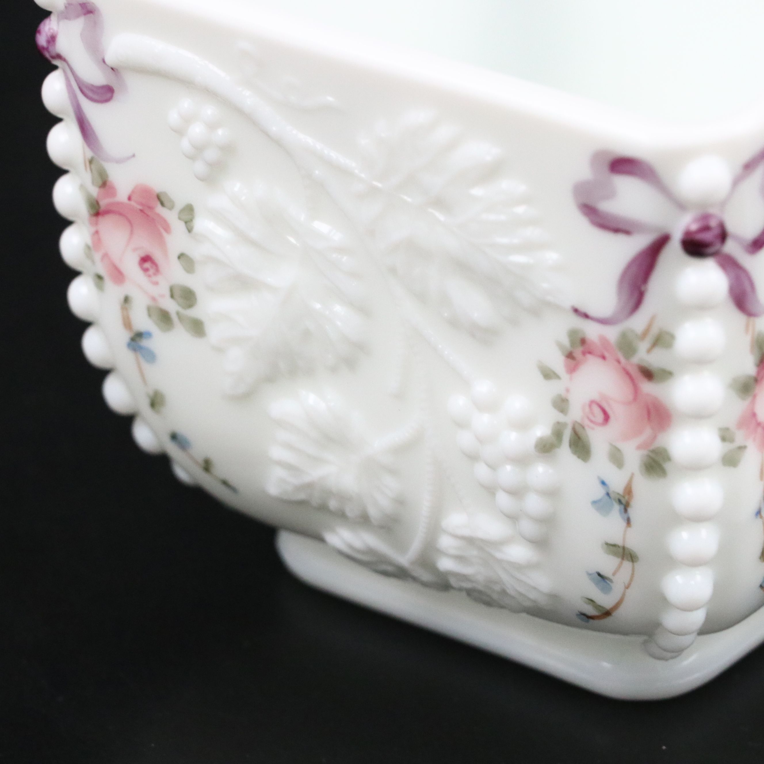 Westmoreland Painted Milk Glass "Paneled Grape" Beaded Puff Box