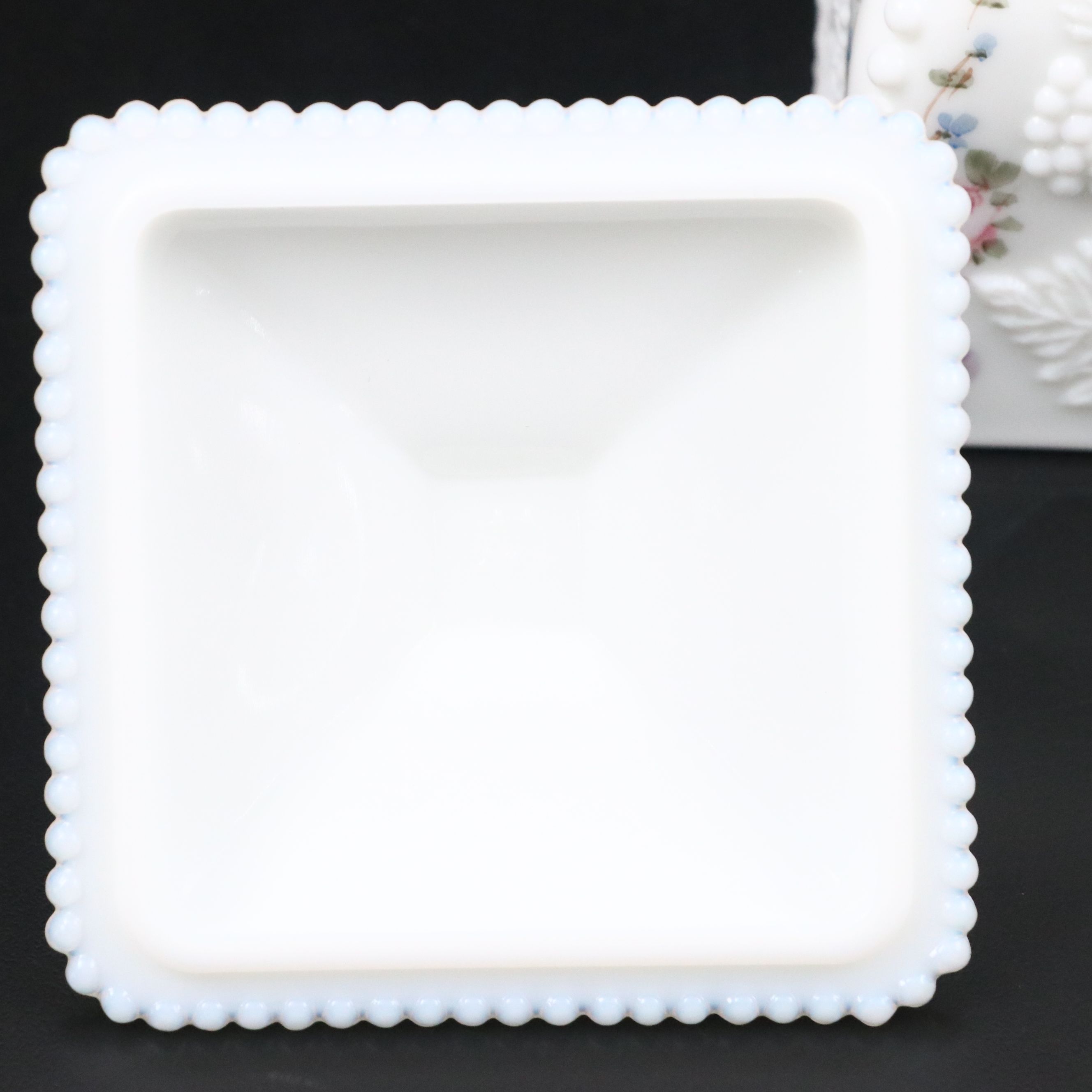 Westmoreland Painted Milk Glass "Paneled Grape" Beaded Puff Box