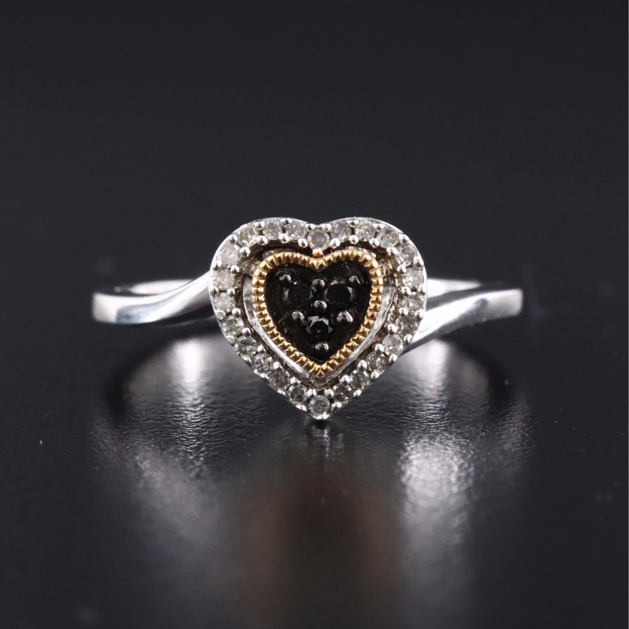 Sterling Diamond Heart Ring with Fancy Black Diamond Accent