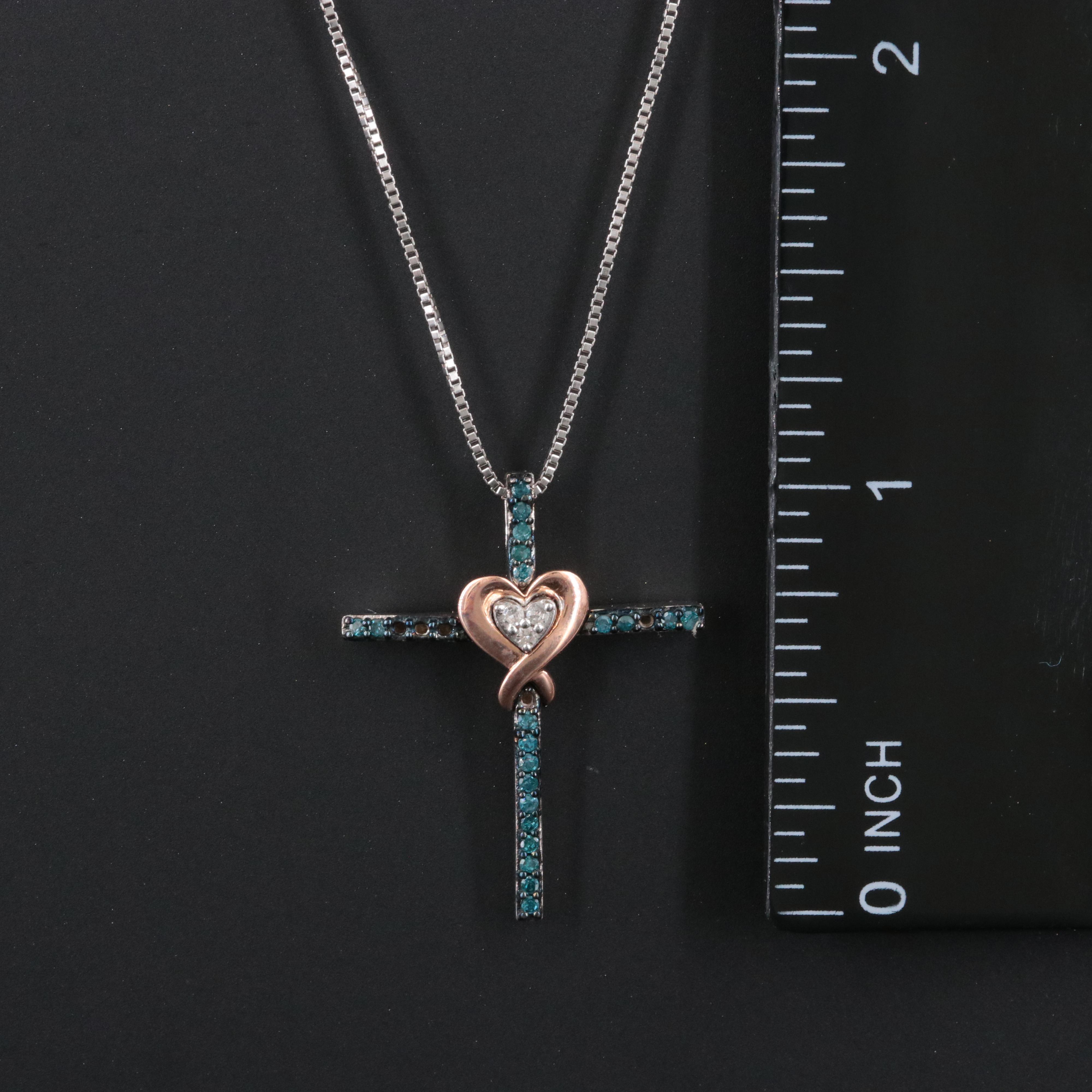 Sterling Diamond Cross with Heart Pendant Necklace Featuring Fancy Blue
