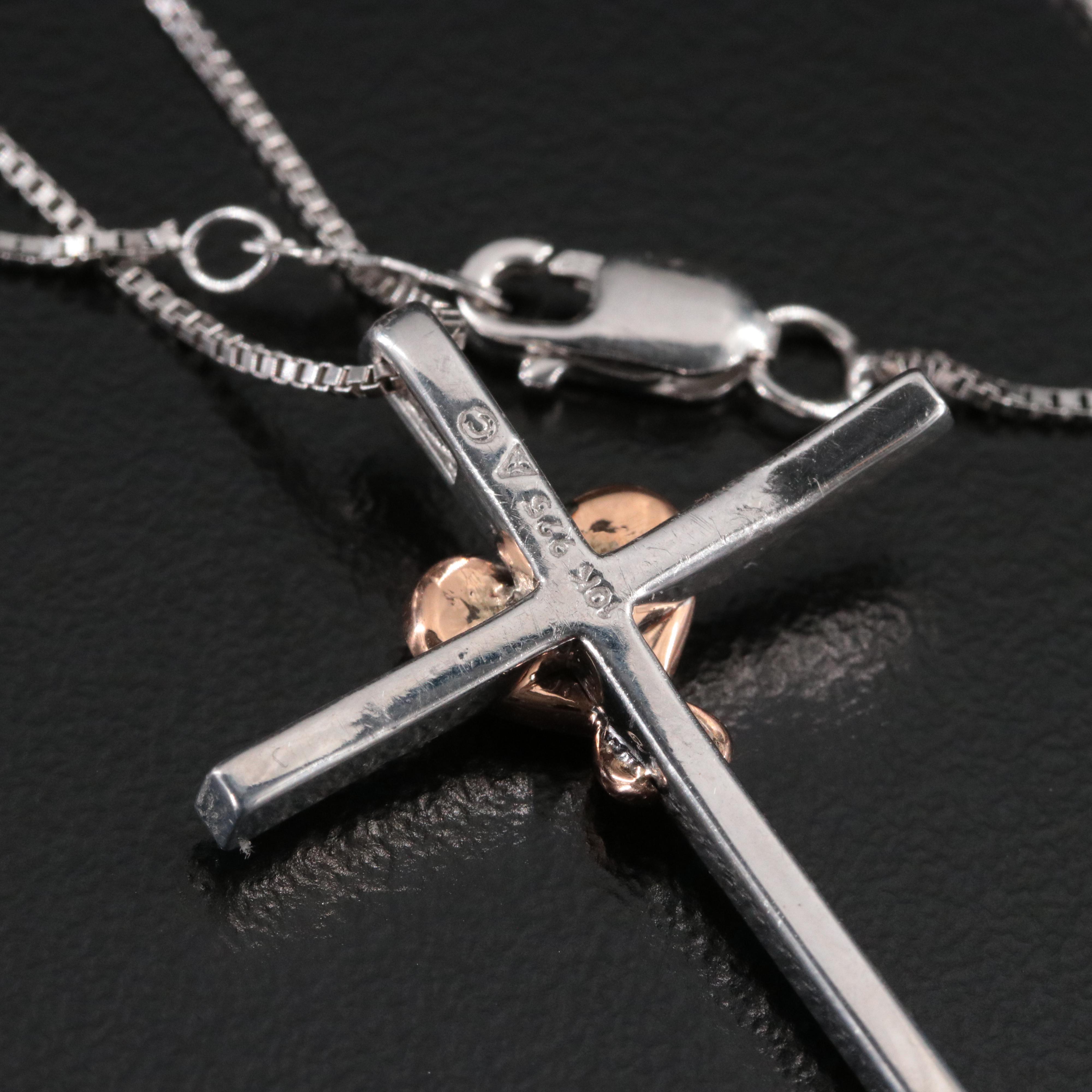 Sterling Diamond Cross with Heart Pendant Necklace Featuring Fancy Blue