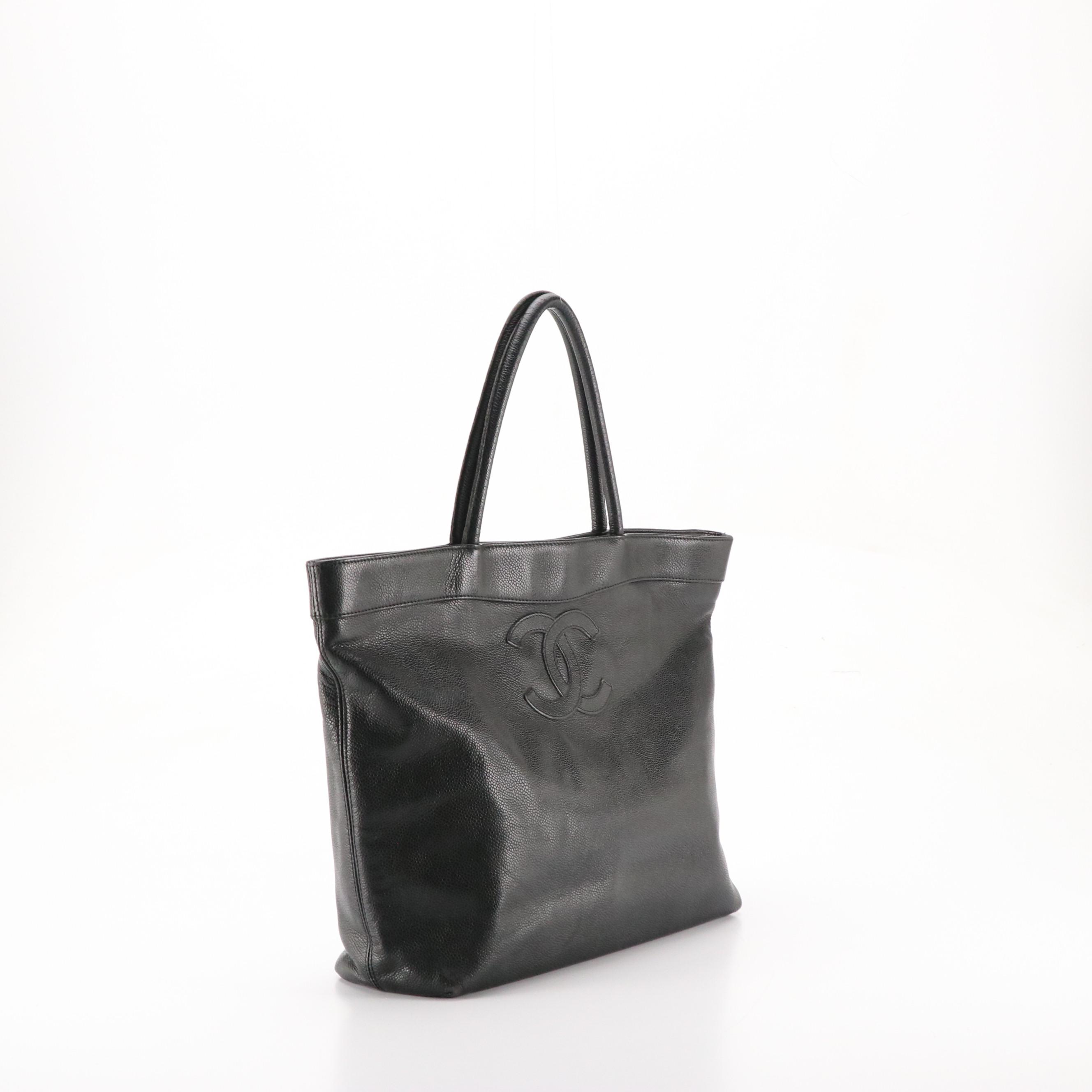 Chanel CC Stitched Tote Bag in Shiny Black Caviar Leather