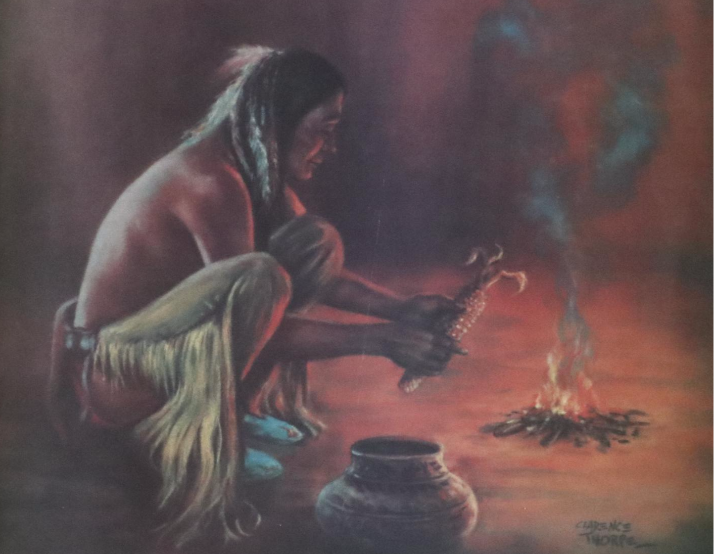 Clarence Thorpe Offset Lithograph of Indigenous Person Holding Corn, Circa 1970