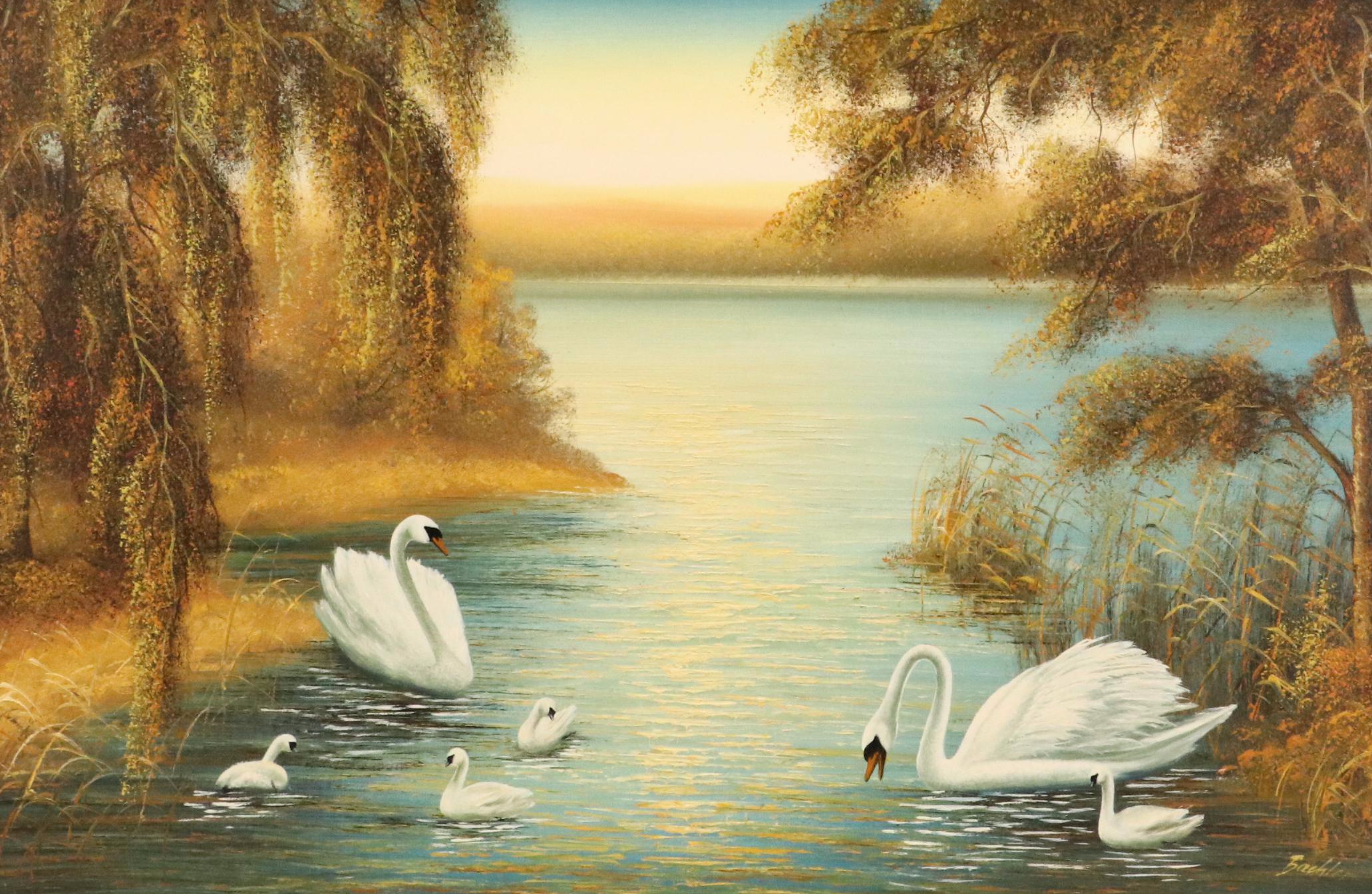 Baehler Oil Painting of Lake Scene With Swan Family, Circa 1960