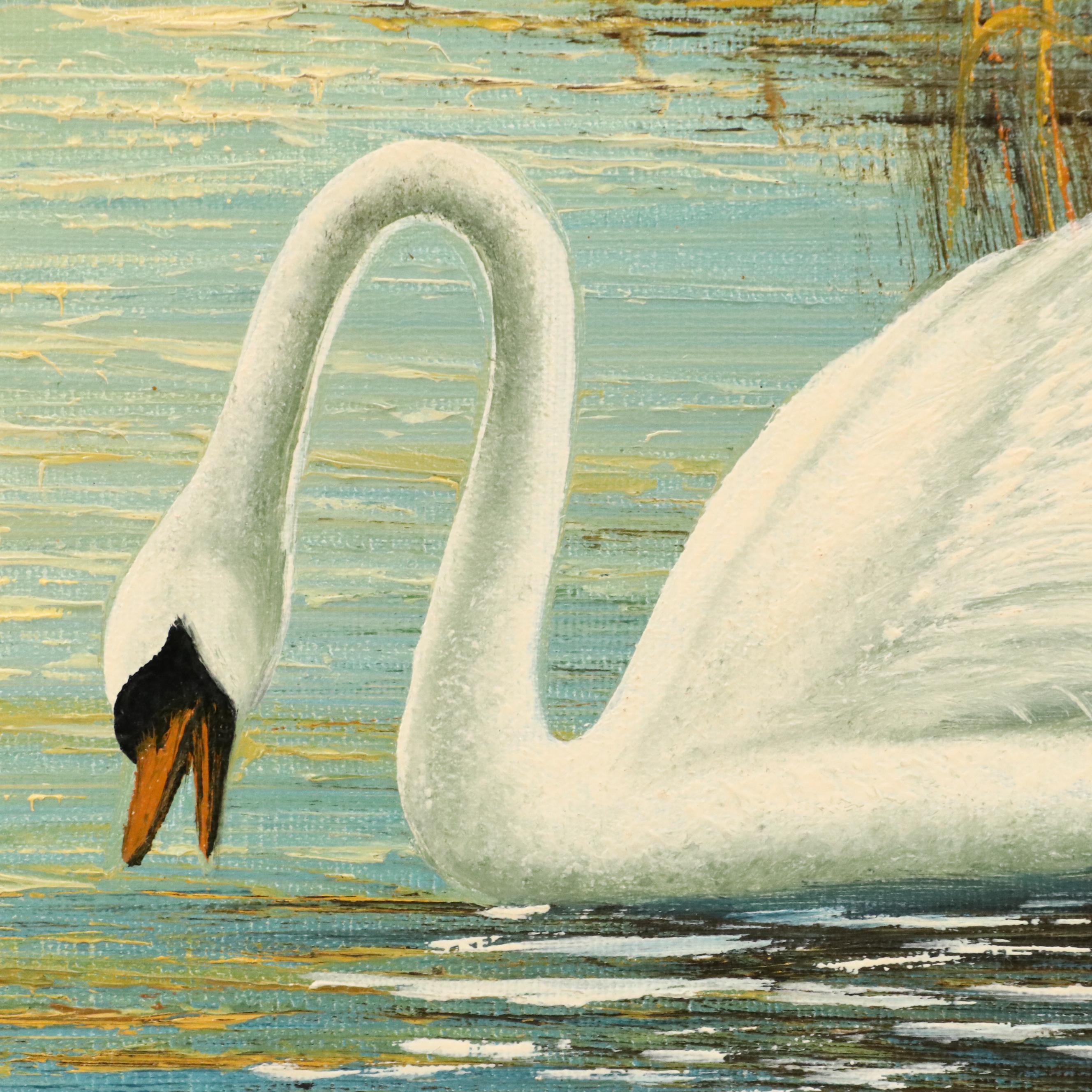 Baehler Oil Painting of Lake Scene With Swan Family, Circa 1960