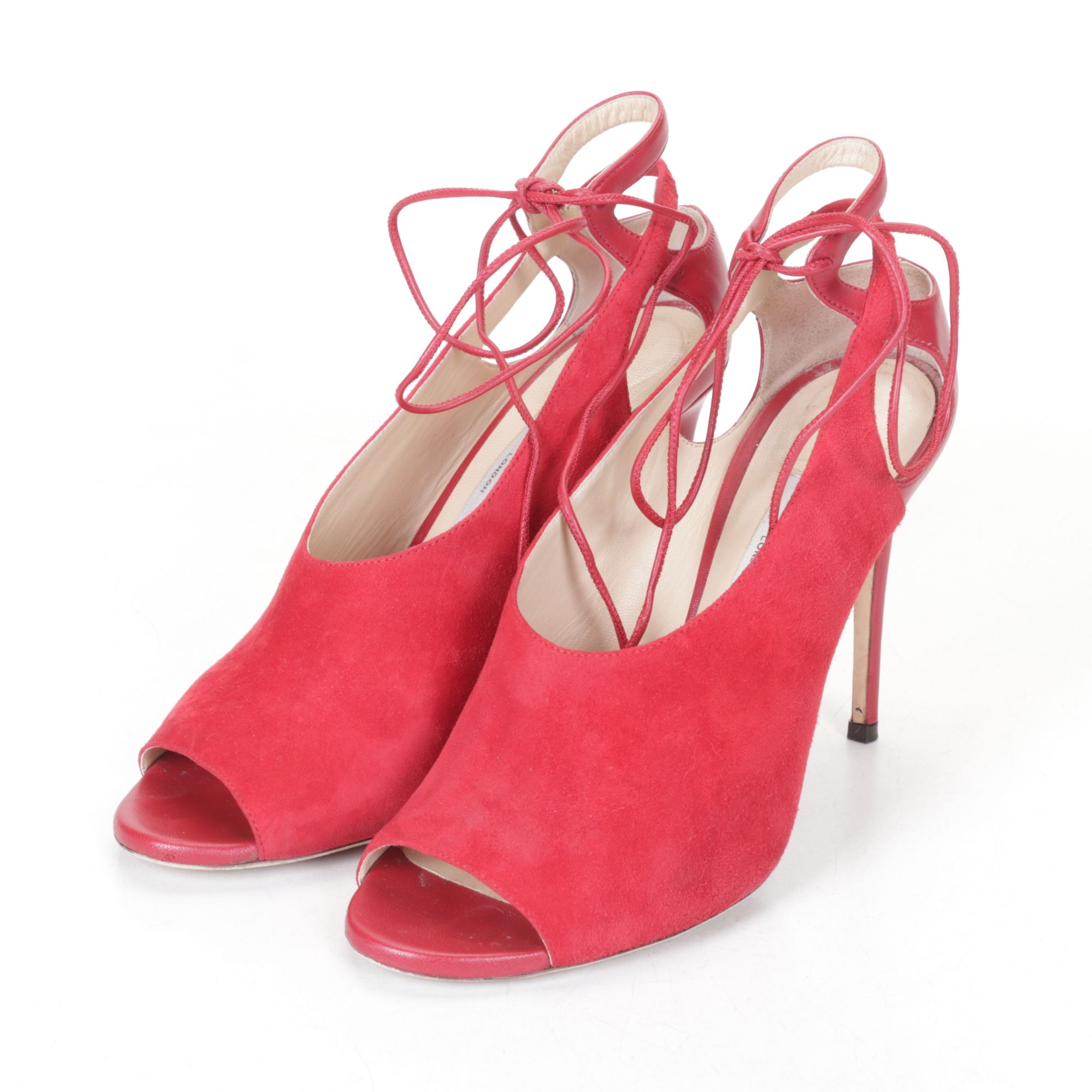 Jimmy Choo Macaw Red Suede Nappa Lace-Up Slingback Peep-Toe Pumps