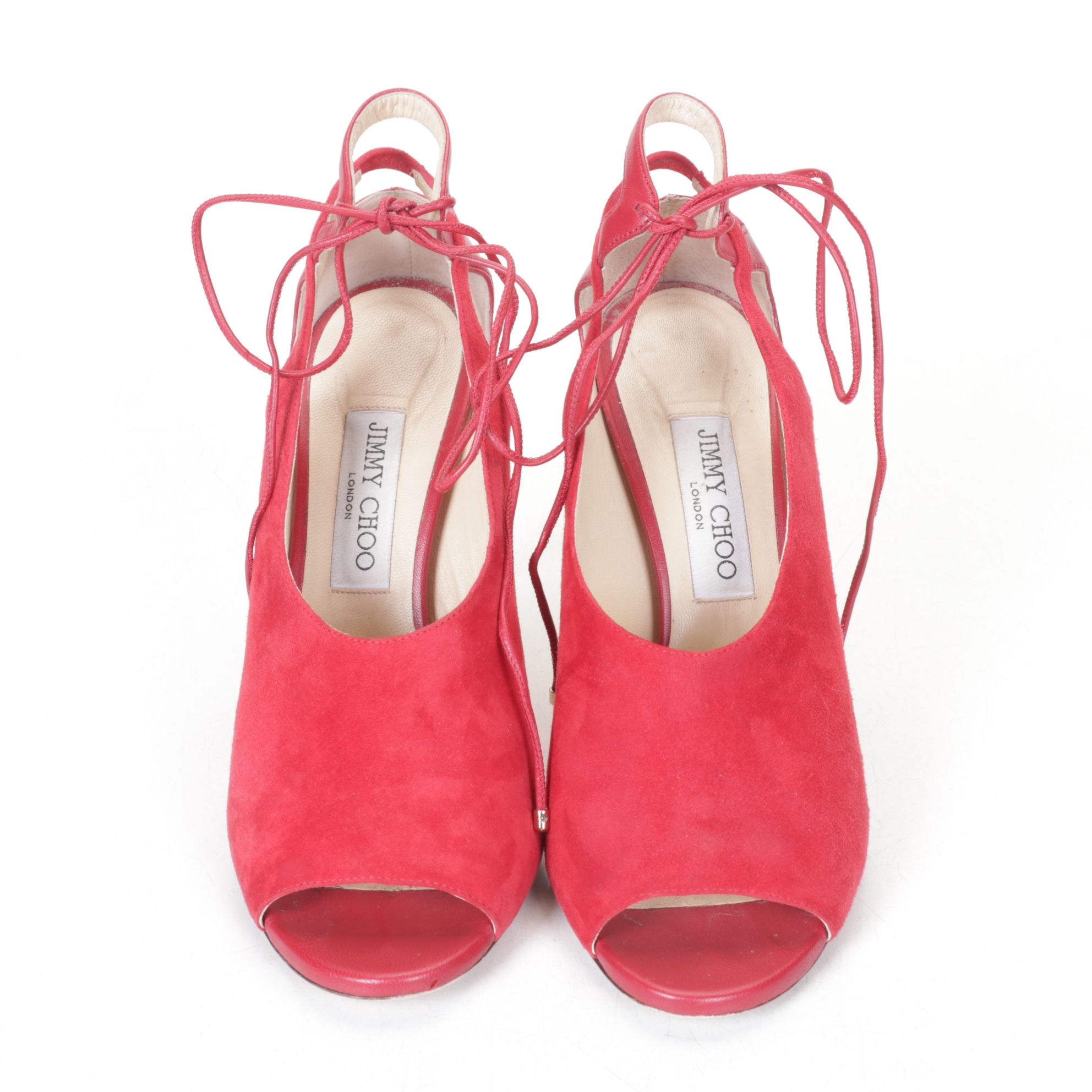 Jimmy Choo Macaw Red Suede Nappa Lace-Up Slingback Peep-Toe Pumps