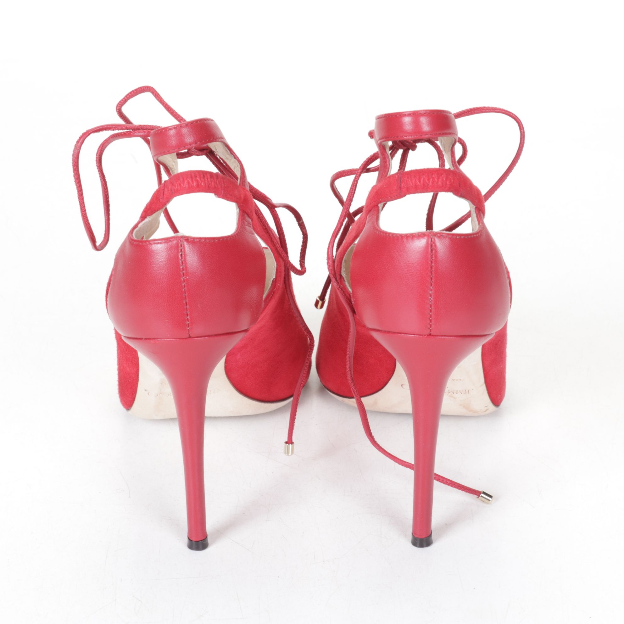 Jimmy Choo Macaw Red Suede Nappa Lace-Up Slingback Peep-Toe Pumps