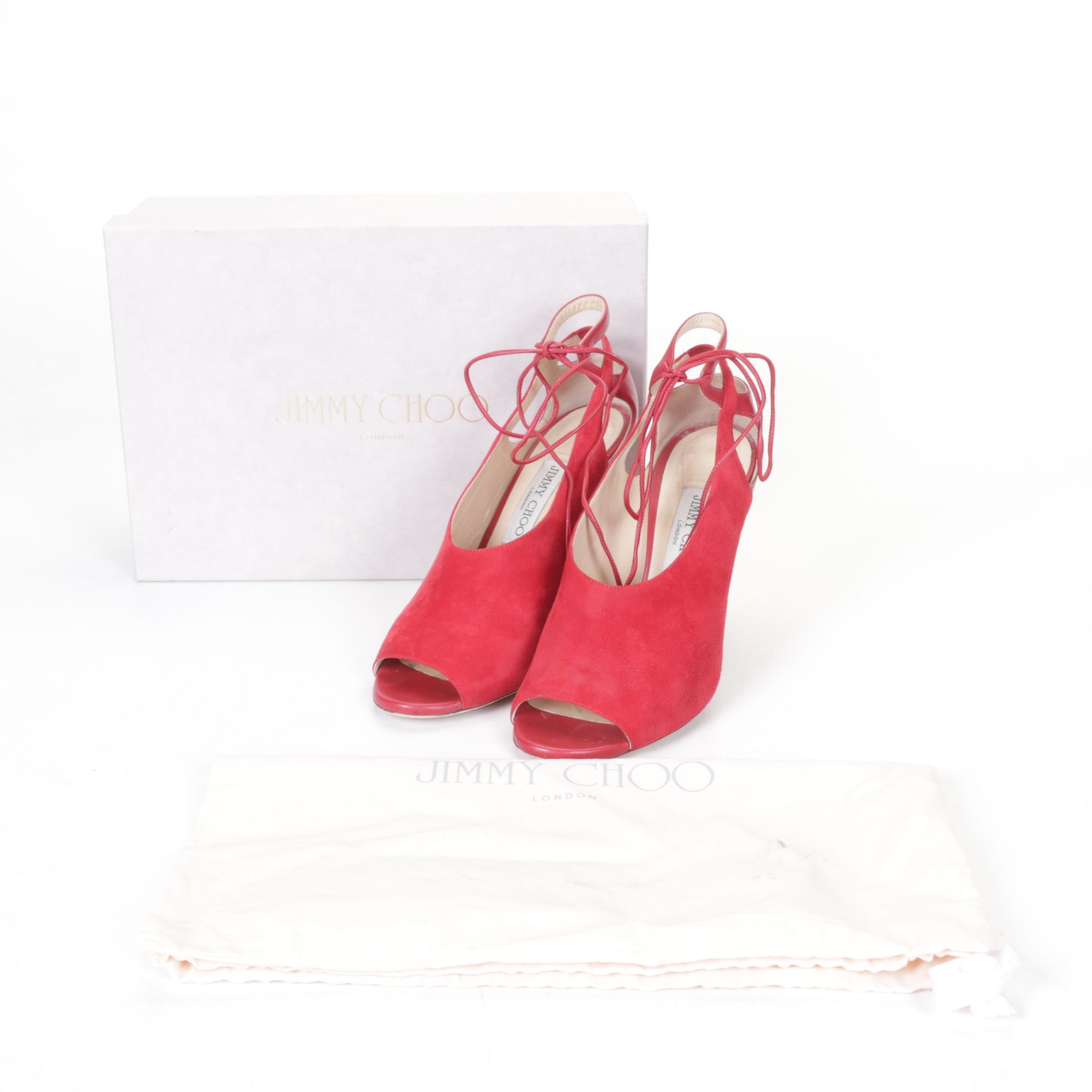 Jimmy Choo Macaw Red Suede Nappa Lace-Up Slingback Peep-Toe Pumps