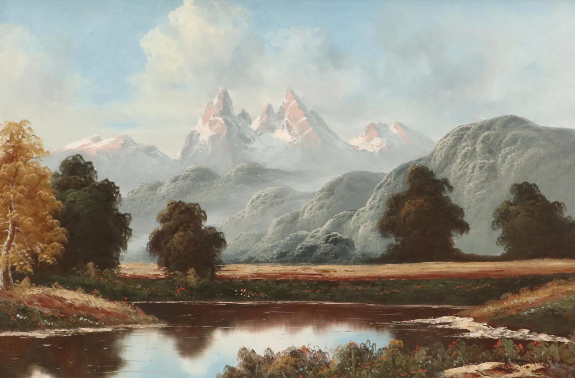 Oil Painting of Mountainous Lake Landscape, Mid to Late 20th Century