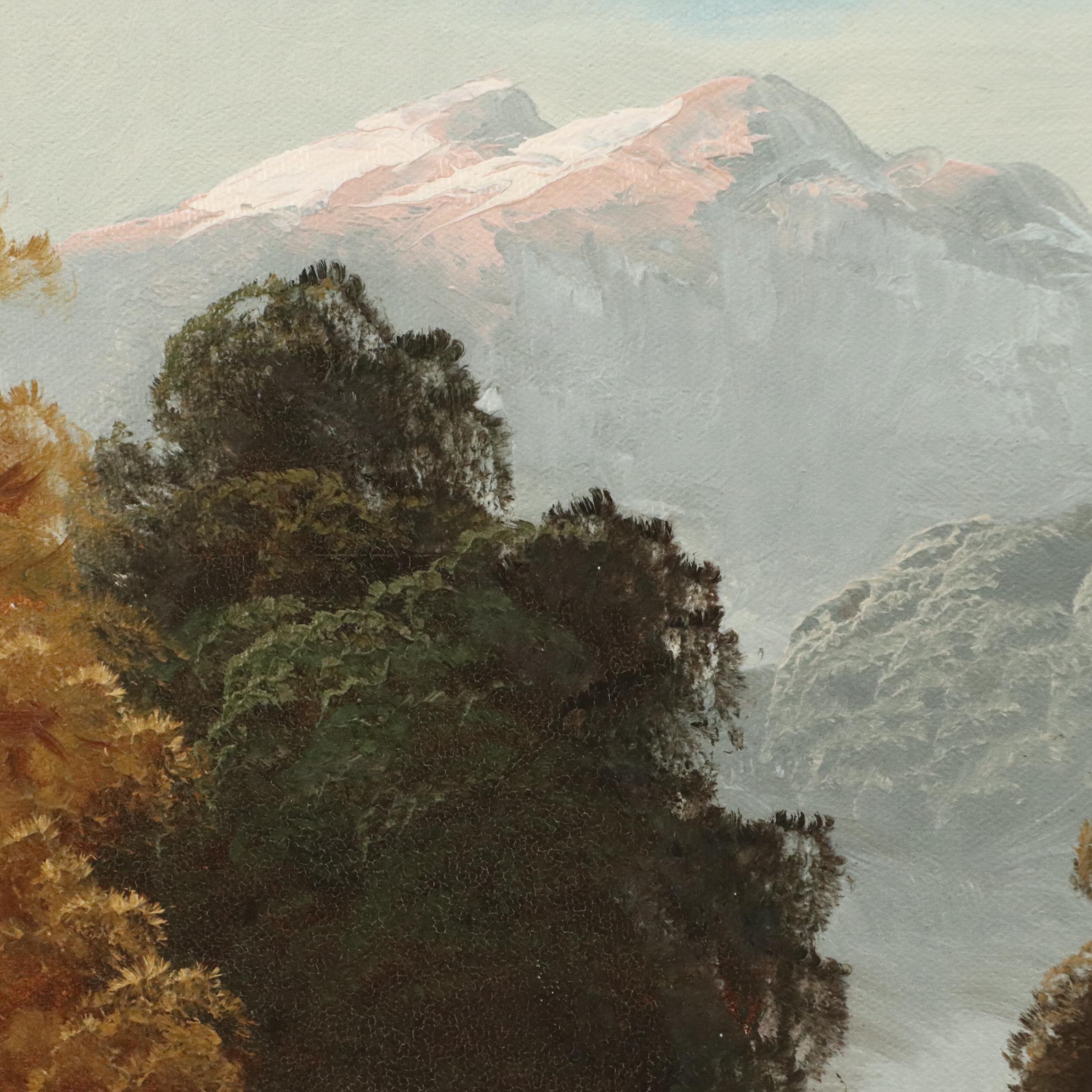 Oil Painting of Mountainous Lake Landscape, Mid to Late 20th Century