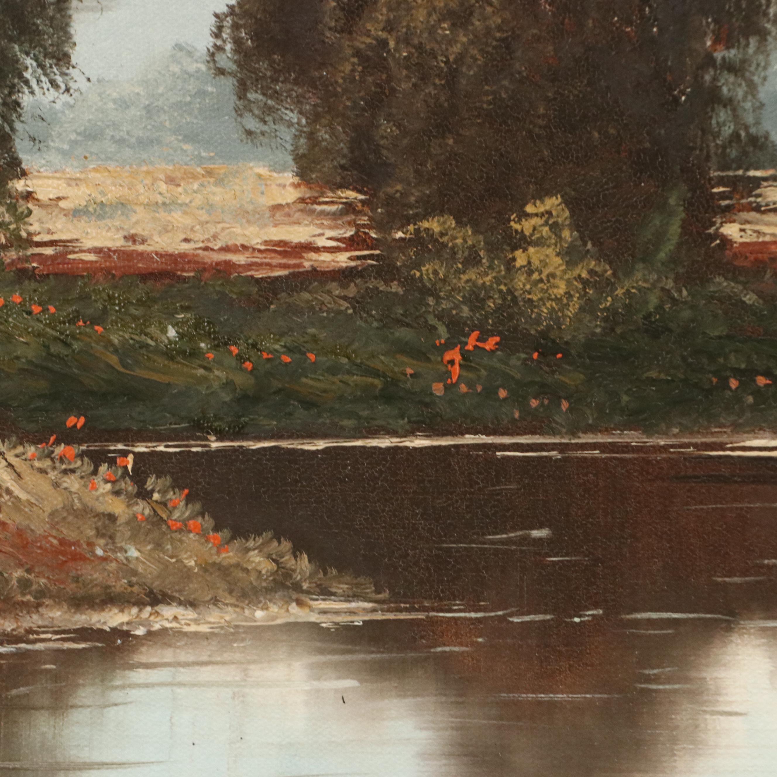 Oil Painting of Mountainous Lake Landscape, Mid to Late 20th Century