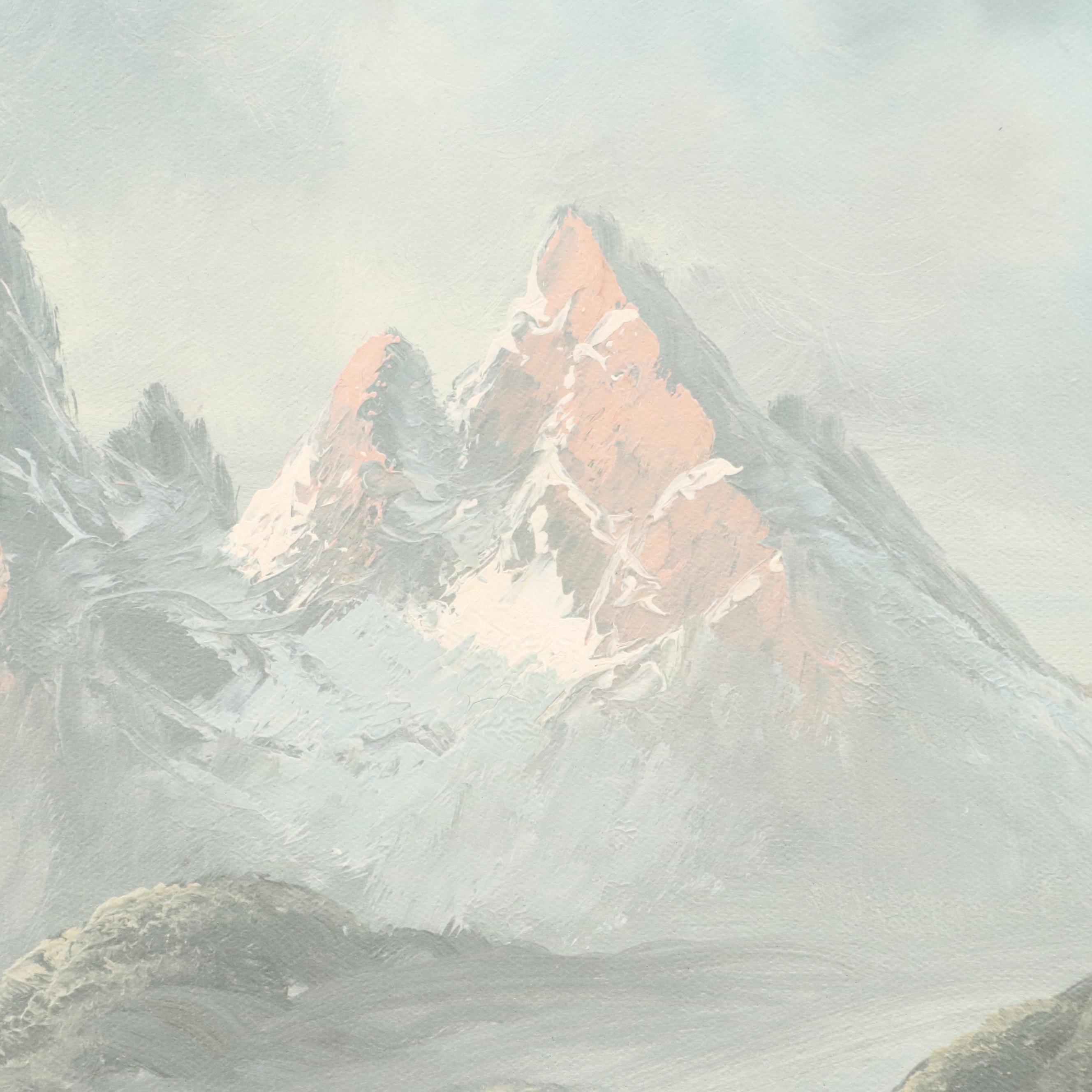 Oil Painting of Mountainous Lake Landscape, Mid to Late 20th Century