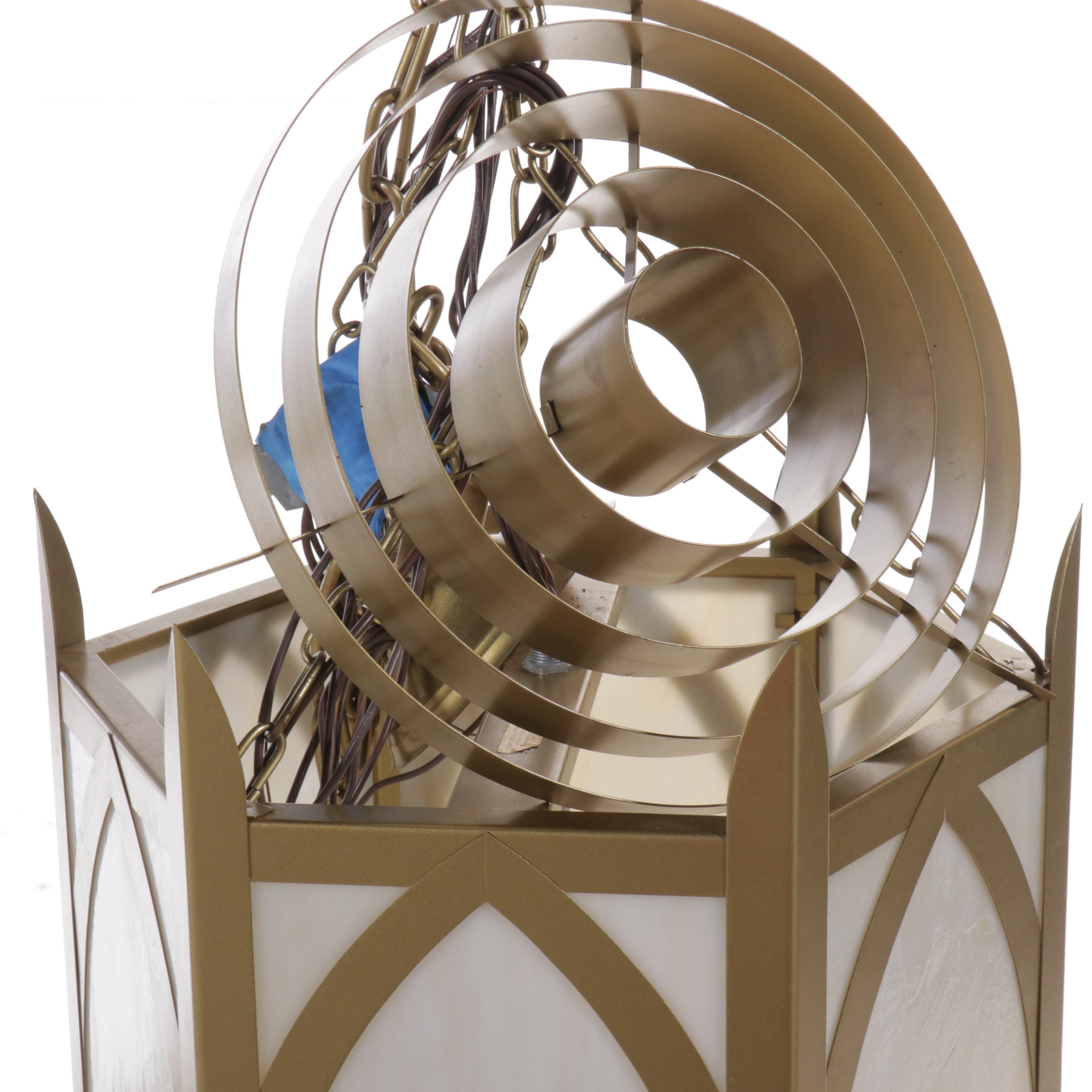 Large Gothic Revival Style Church Chandelier with Slag Glass Panels, Vintage