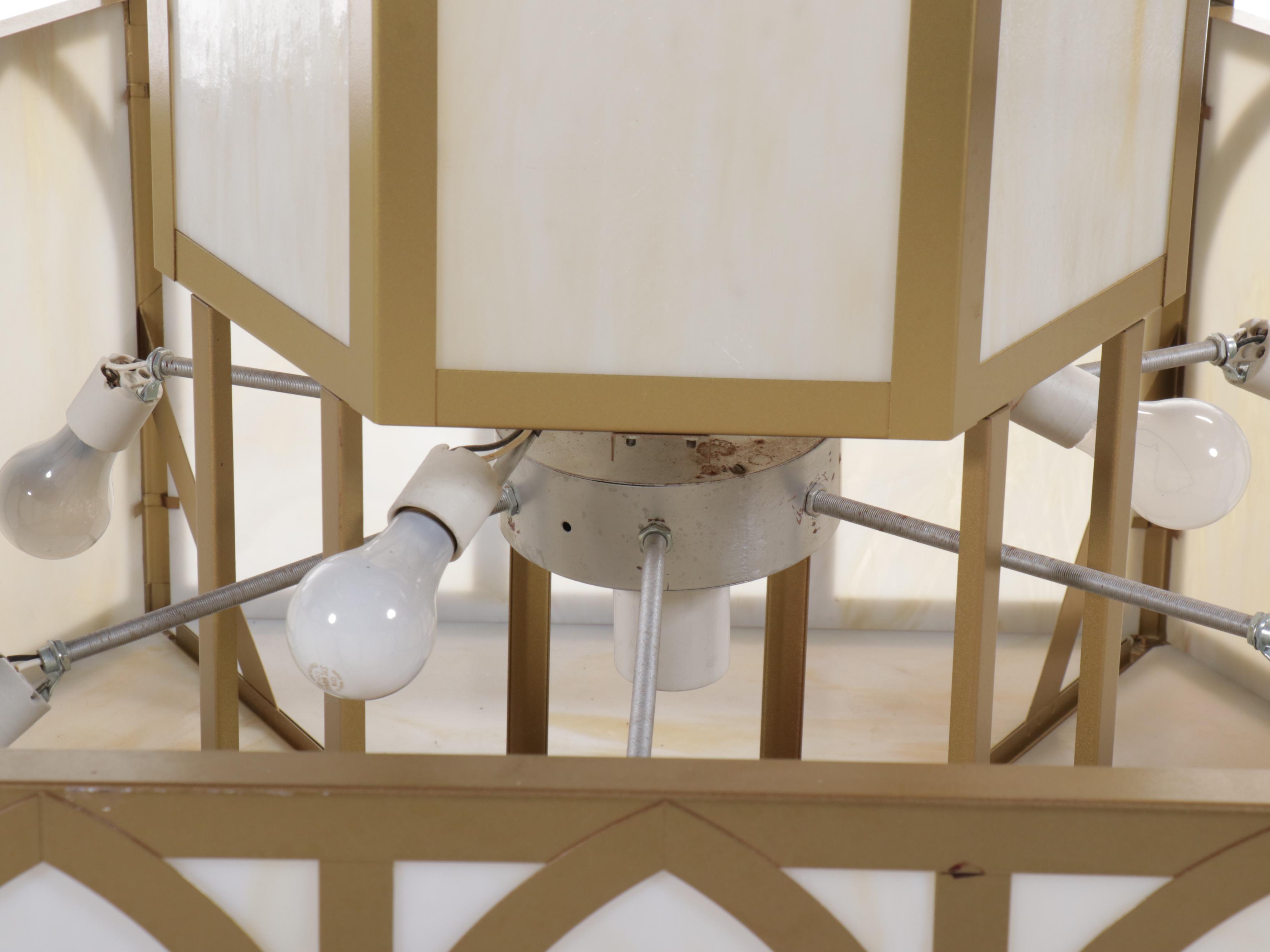 Large Gothic Revival Style Church Chandelier with Slag Glass Panels, Vintage