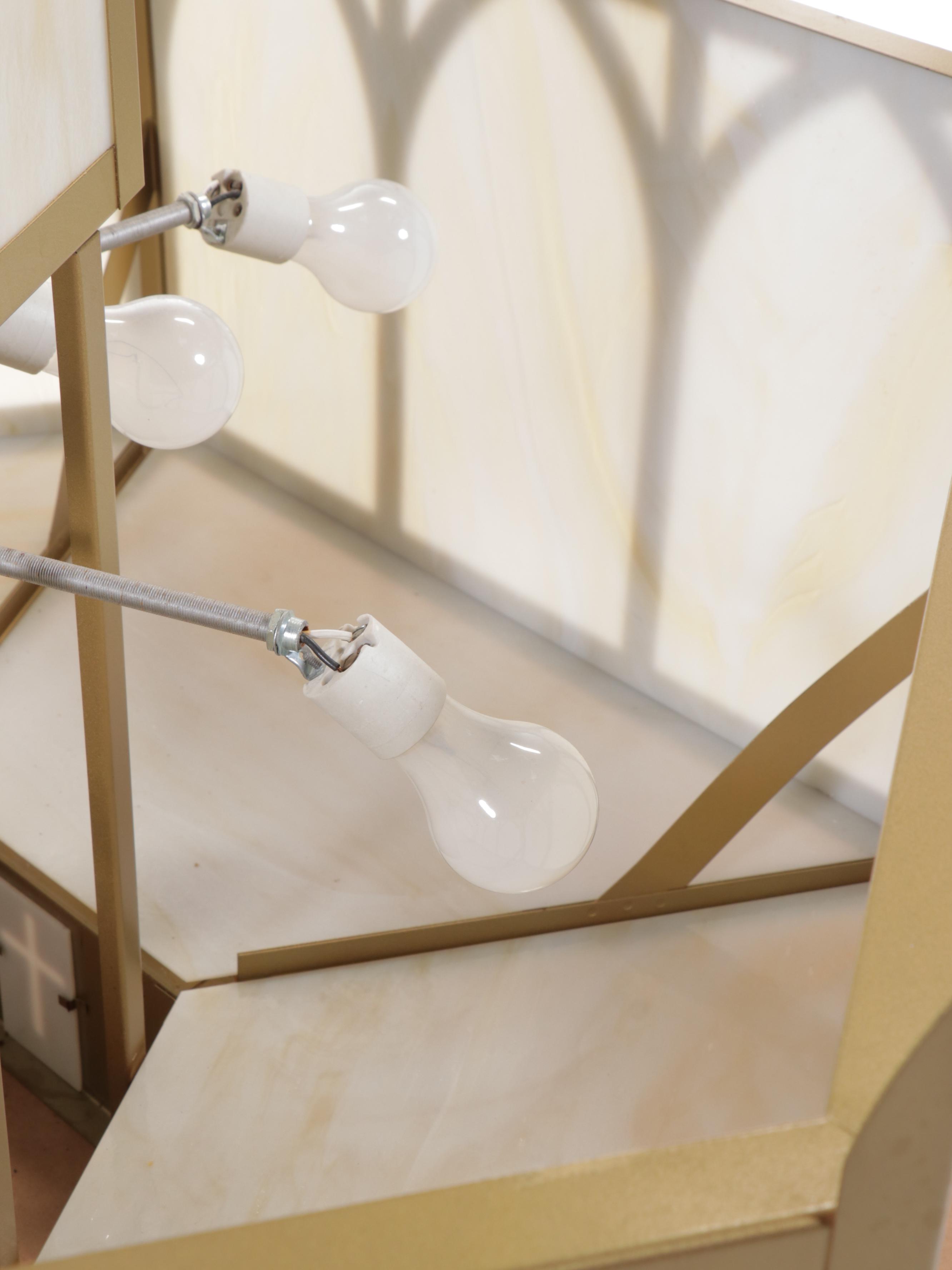 Large Gothic Revival Style Church Chandelier with Slag Glass Panels, Vintage