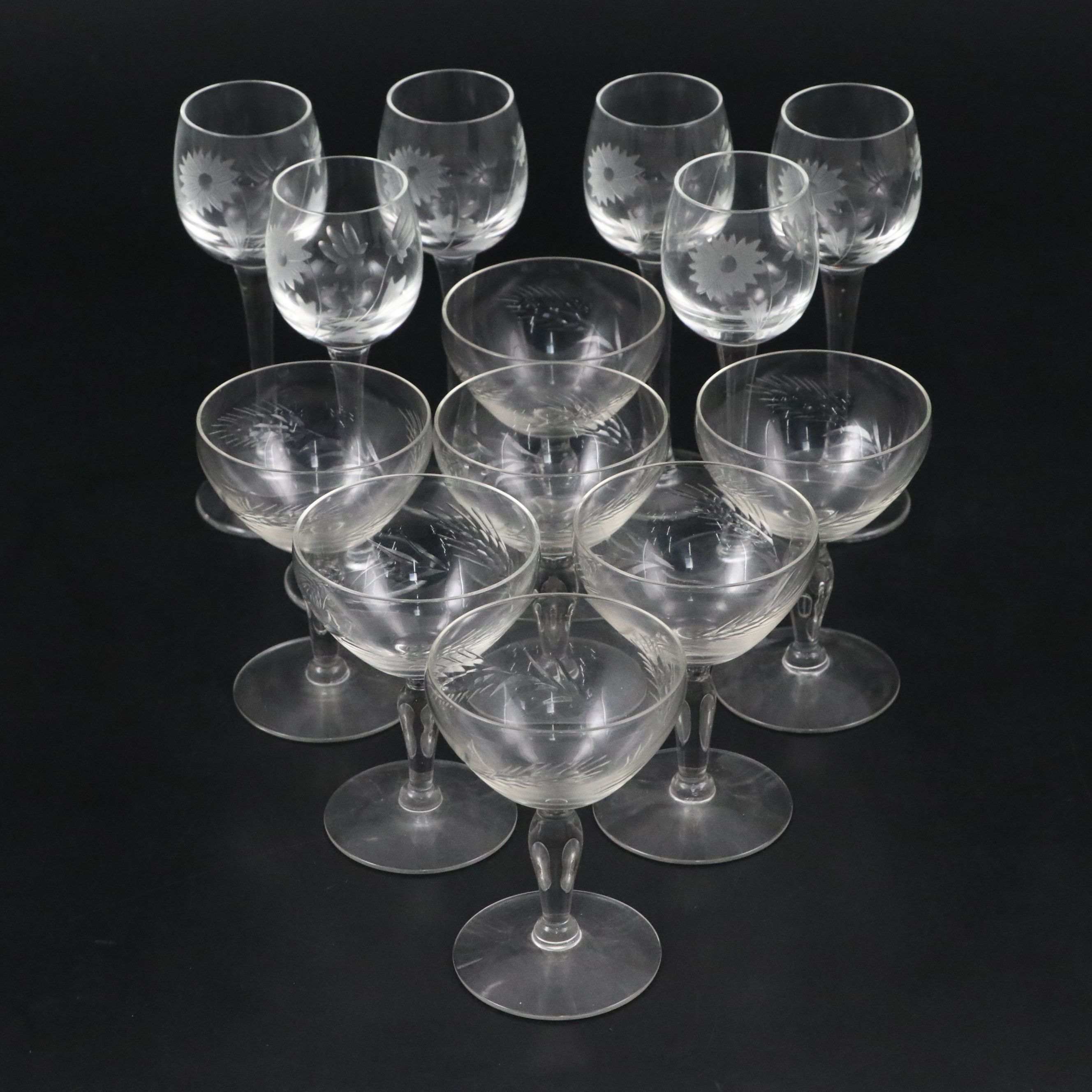 Floral and Wheat Stalk Etched Clear Cordial Glasses