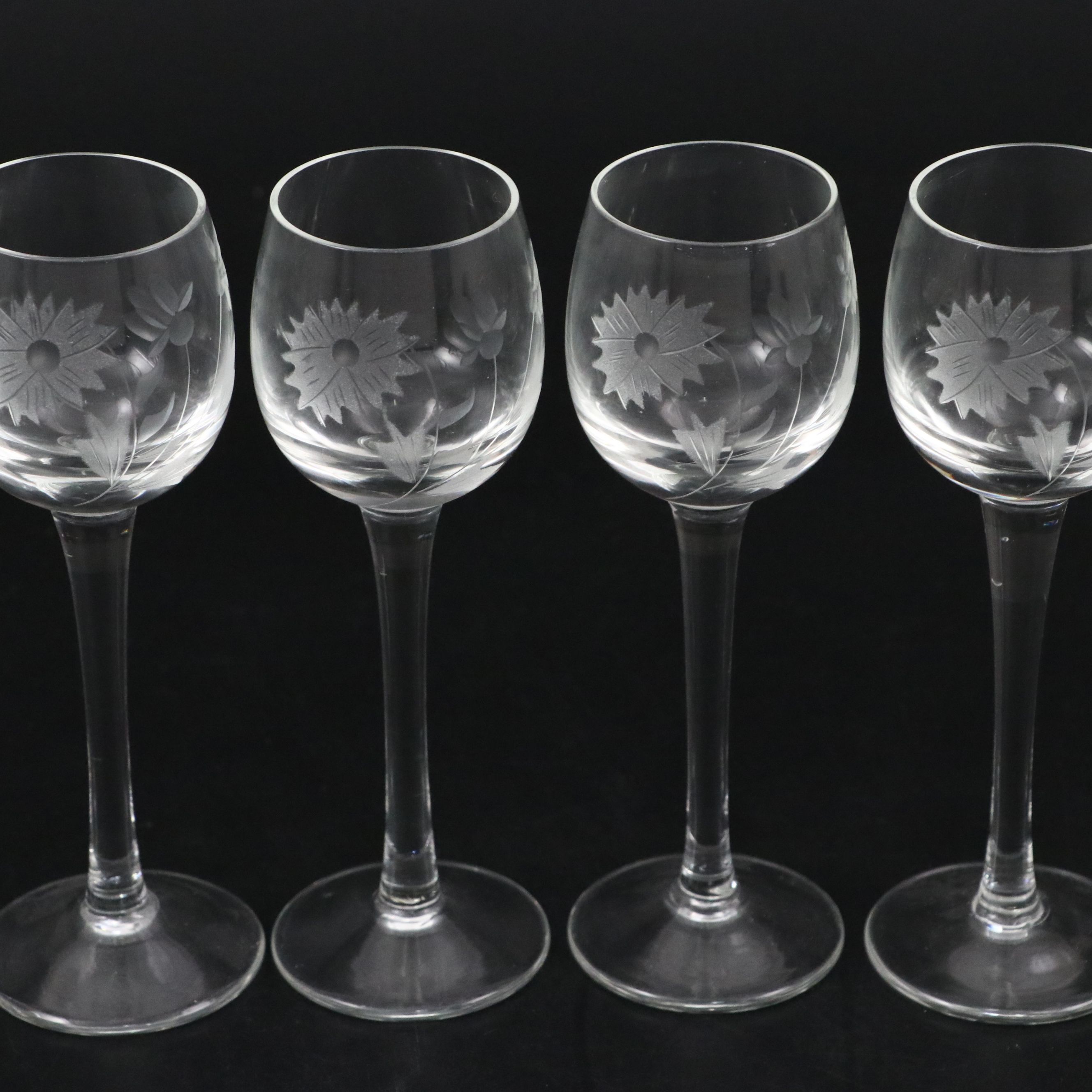 Floral and Wheat Stalk Etched Clear Cordial Glasses