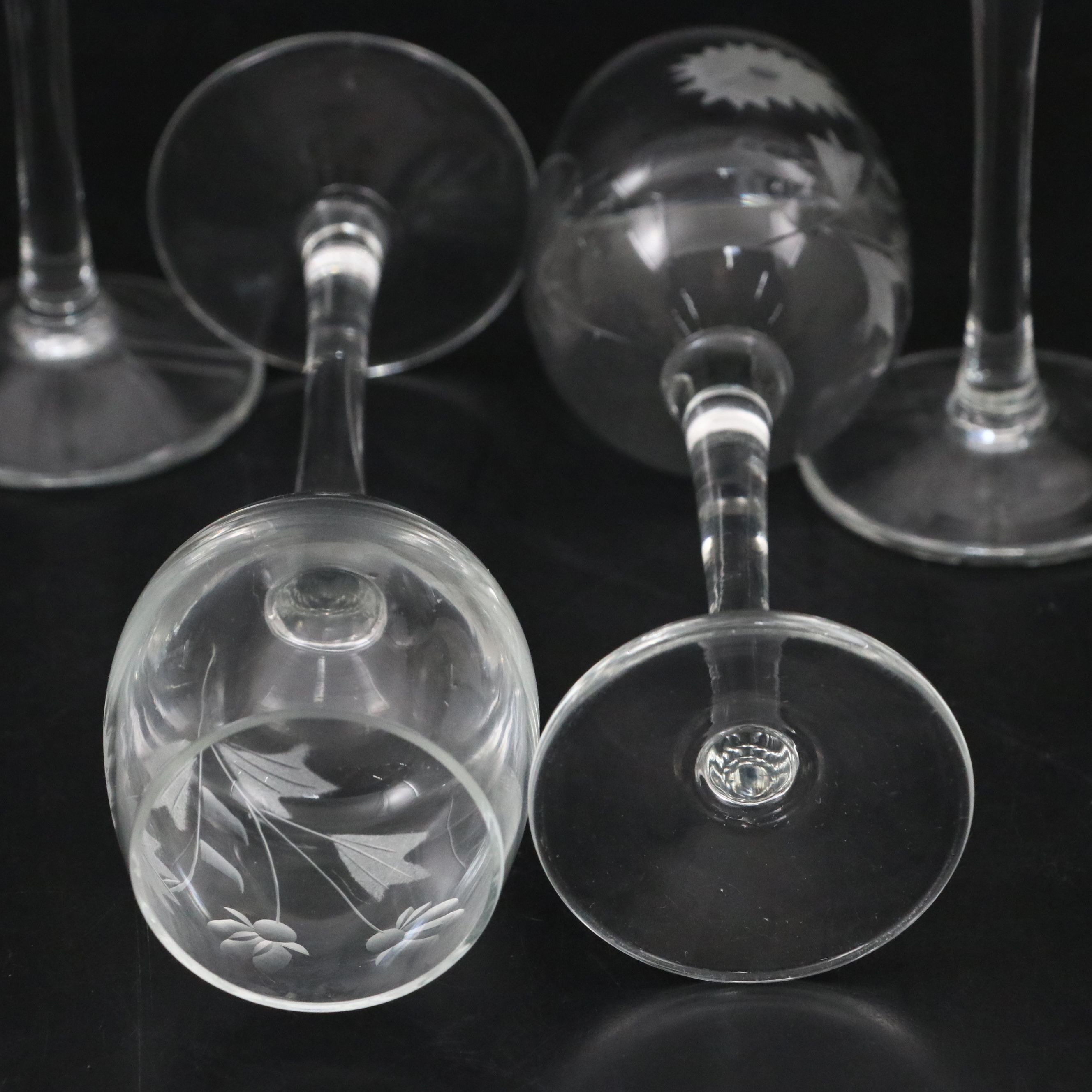 Floral and Wheat Stalk Etched Clear Cordial Glasses