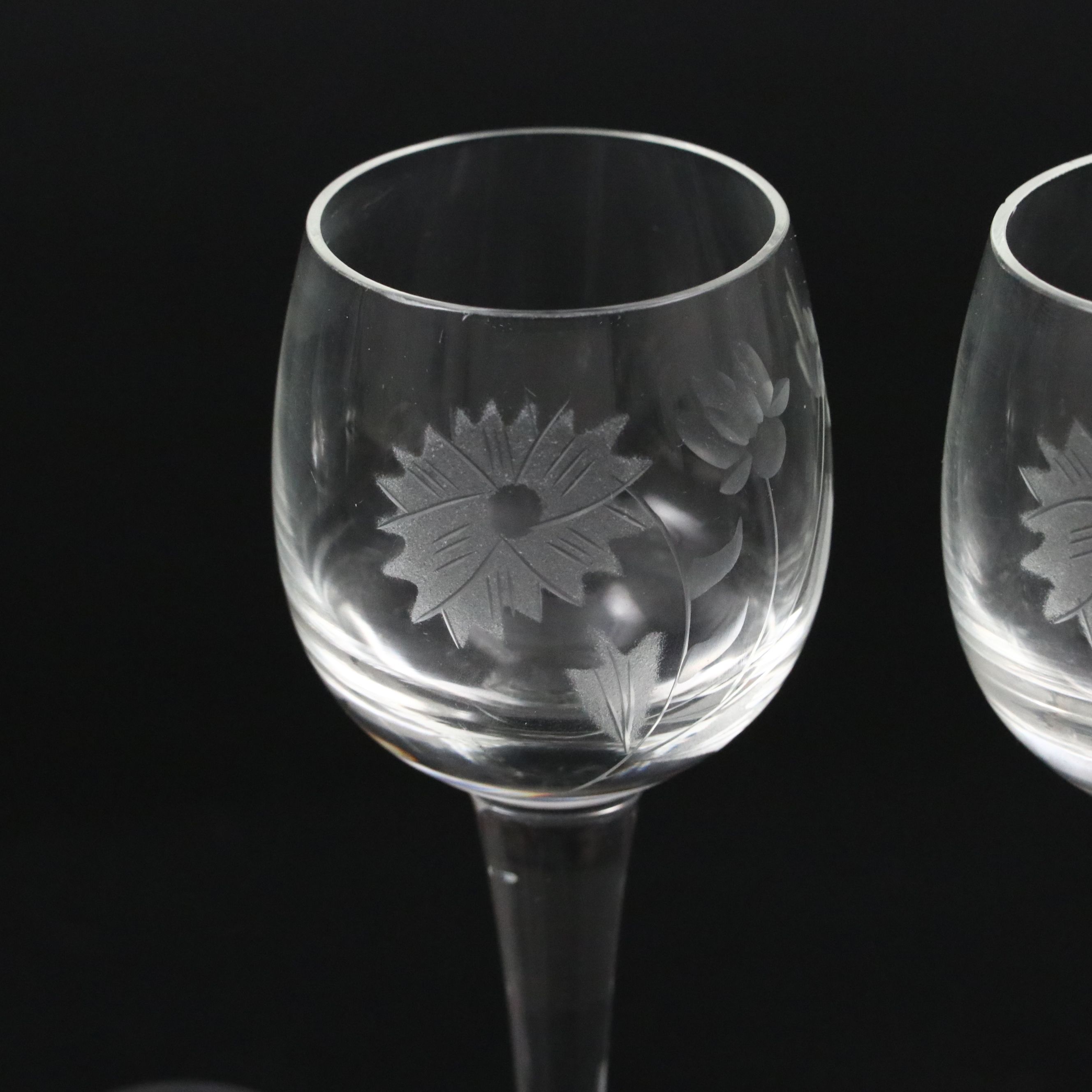 Floral and Wheat Stalk Etched Clear Cordial Glasses