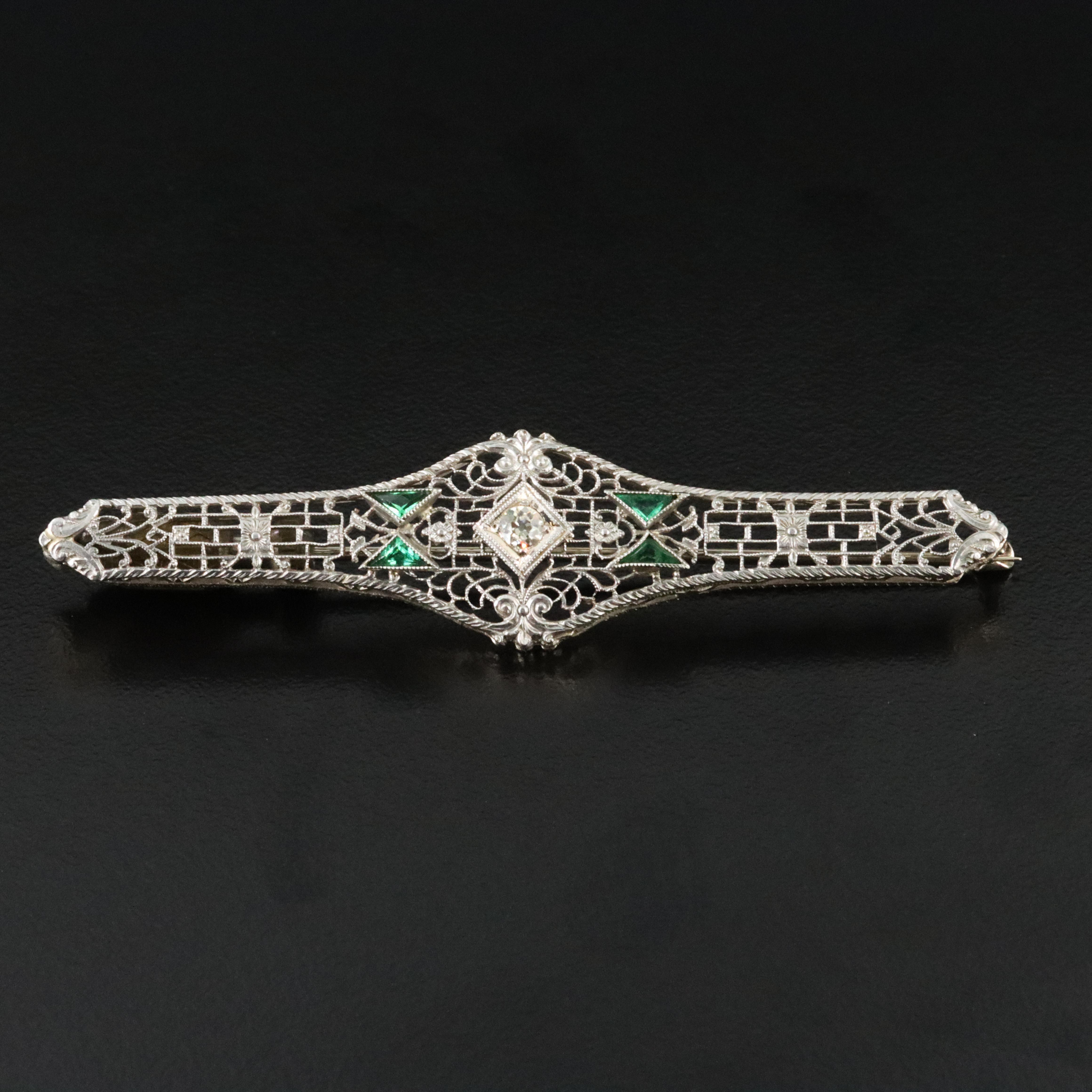 Art Deco 14K 0.11 CT Diamond Green Glass Bar Brooch with Platinum Top Accent