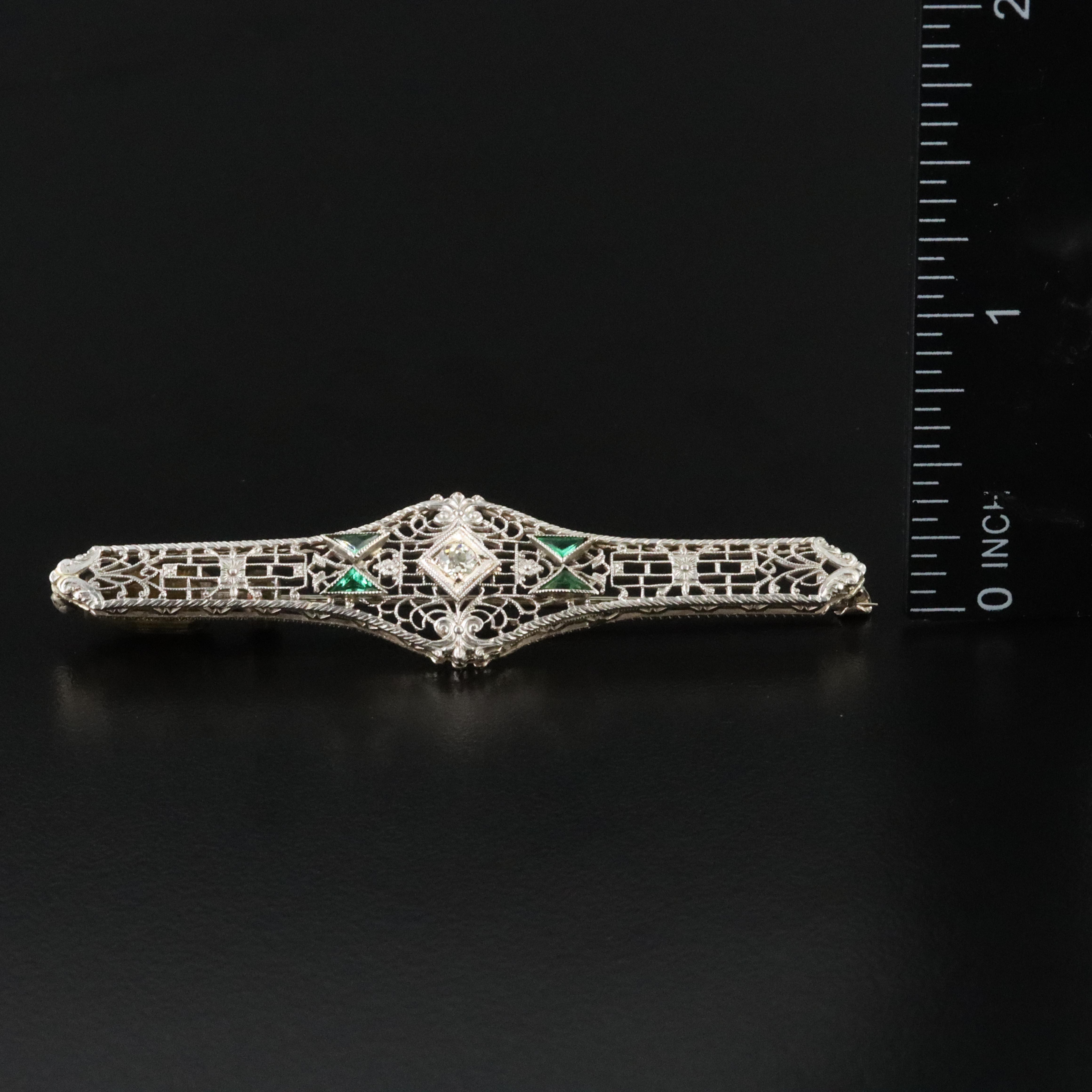 Art Deco 14K 0.11 CT Diamond Green Glass Bar Brooch with Platinum Top Accent