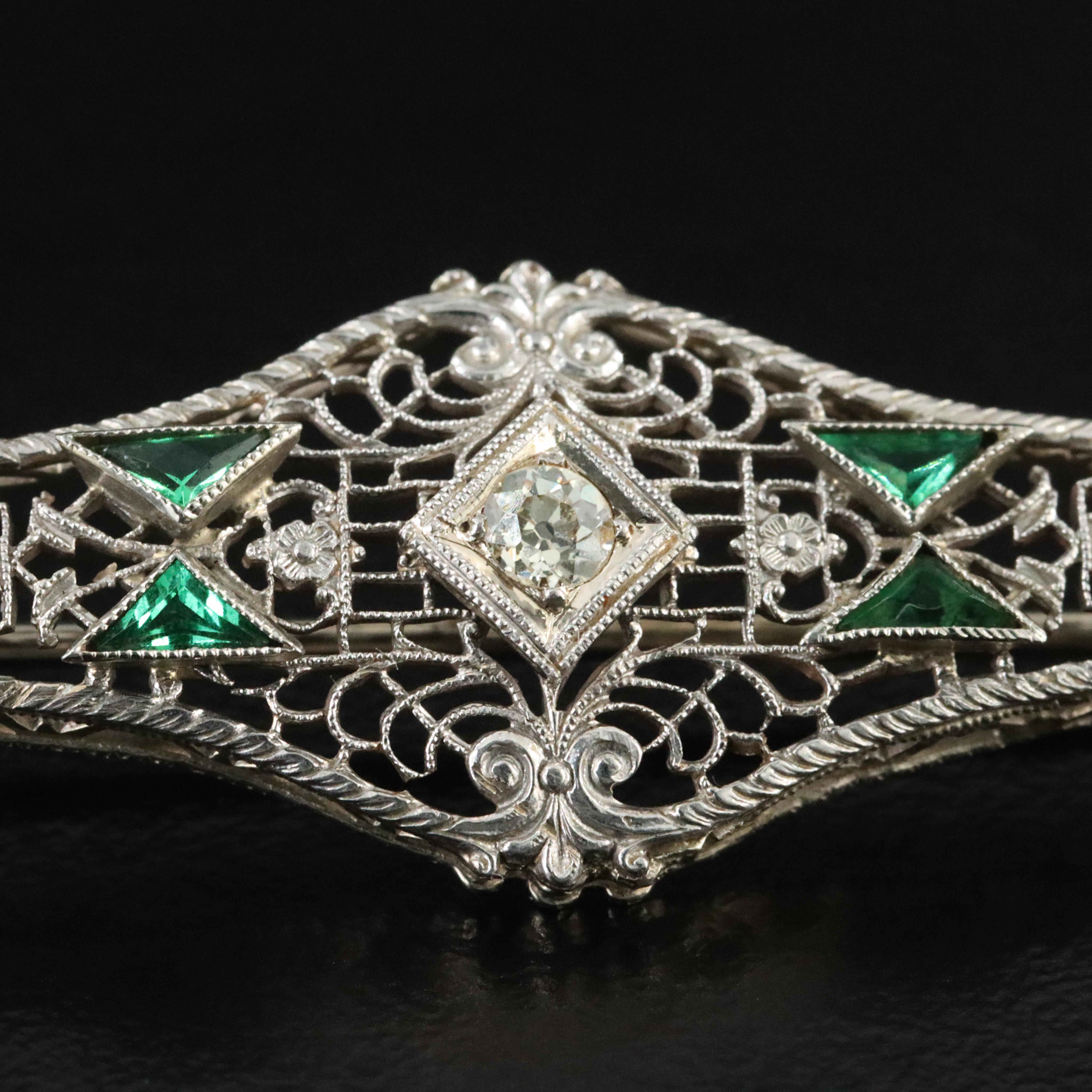Art Deco 14K 0.11 CT Diamond Green Glass Bar Brooch with Platinum Top Accent