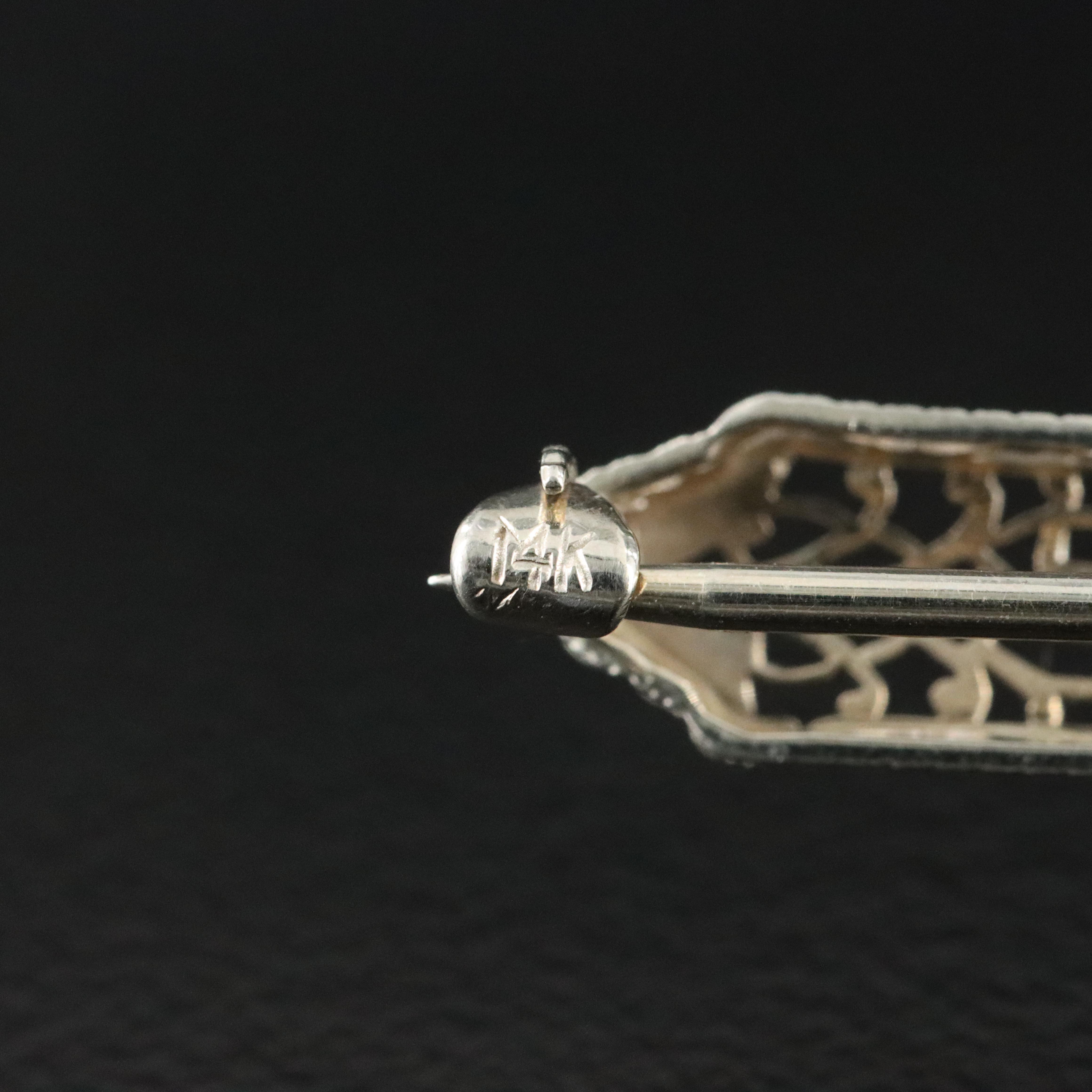 Art Deco 14K 0.11 CT Diamond Green Glass Bar Brooch with Platinum Top Accent