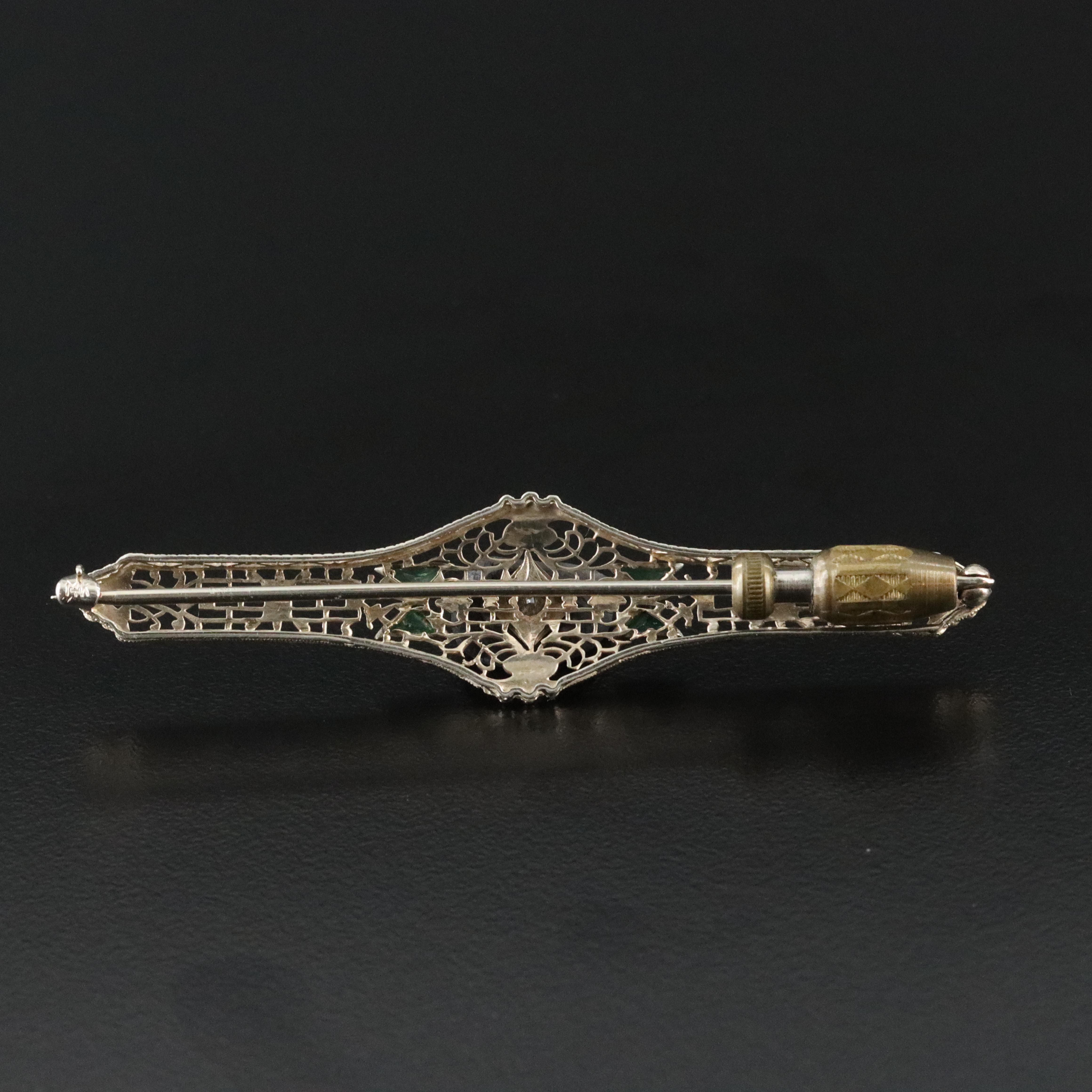 Art Deco 14K 0.11 CT Diamond Green Glass Bar Brooch with Platinum Top Accent