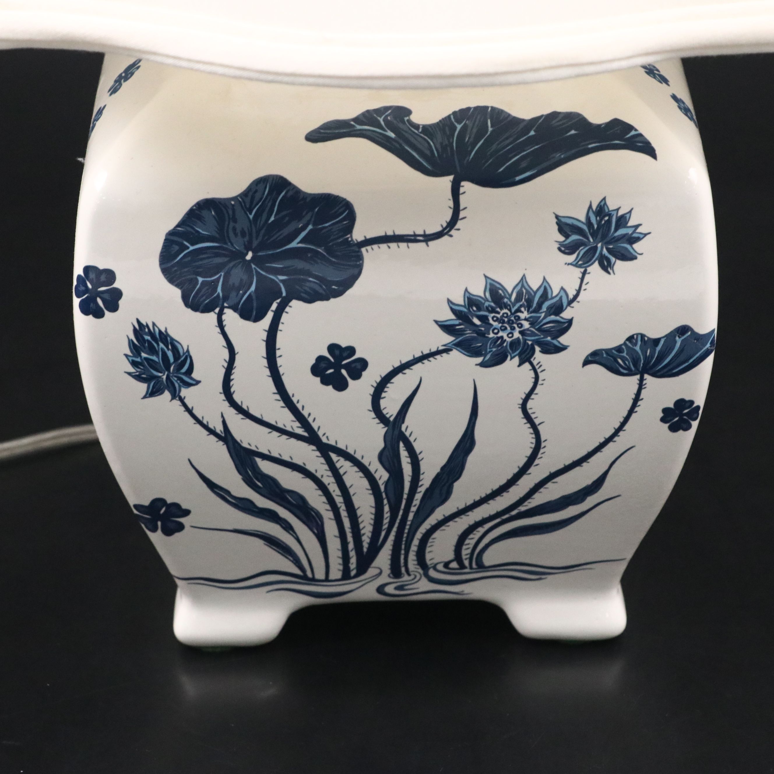 Chinese Blue and White Lotus Porcelain Table Lamp with Silk Bell Shade