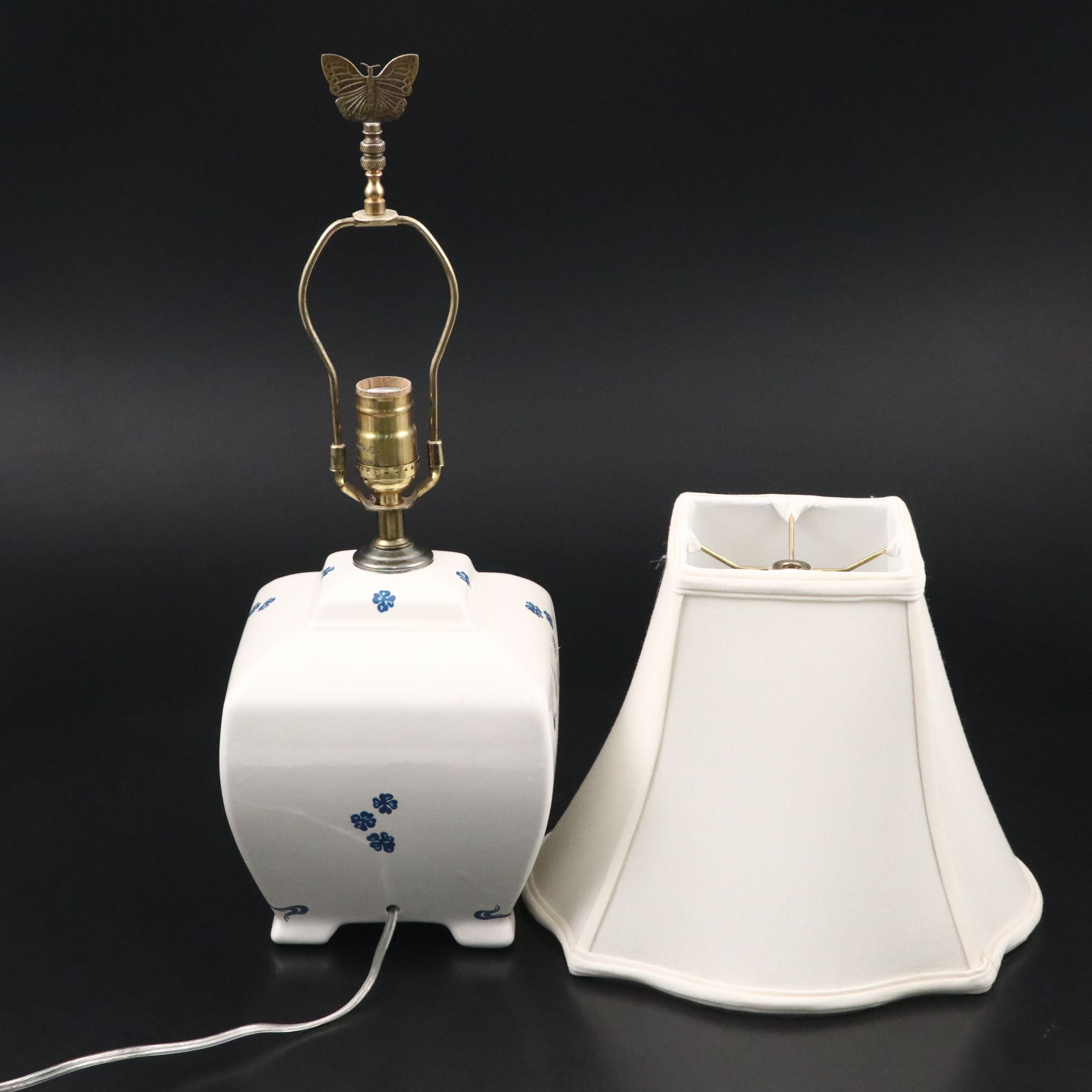 Chinese Blue and White Lotus Porcelain Table Lamp with Silk Bell Shade