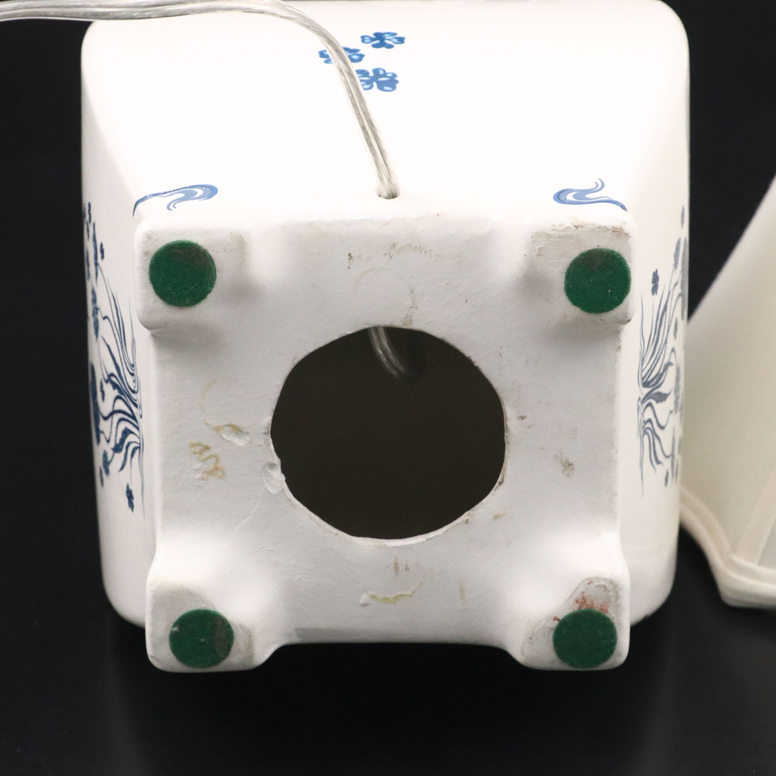 Chinese Blue and White Lotus Porcelain Table Lamp with Silk Bell Shade