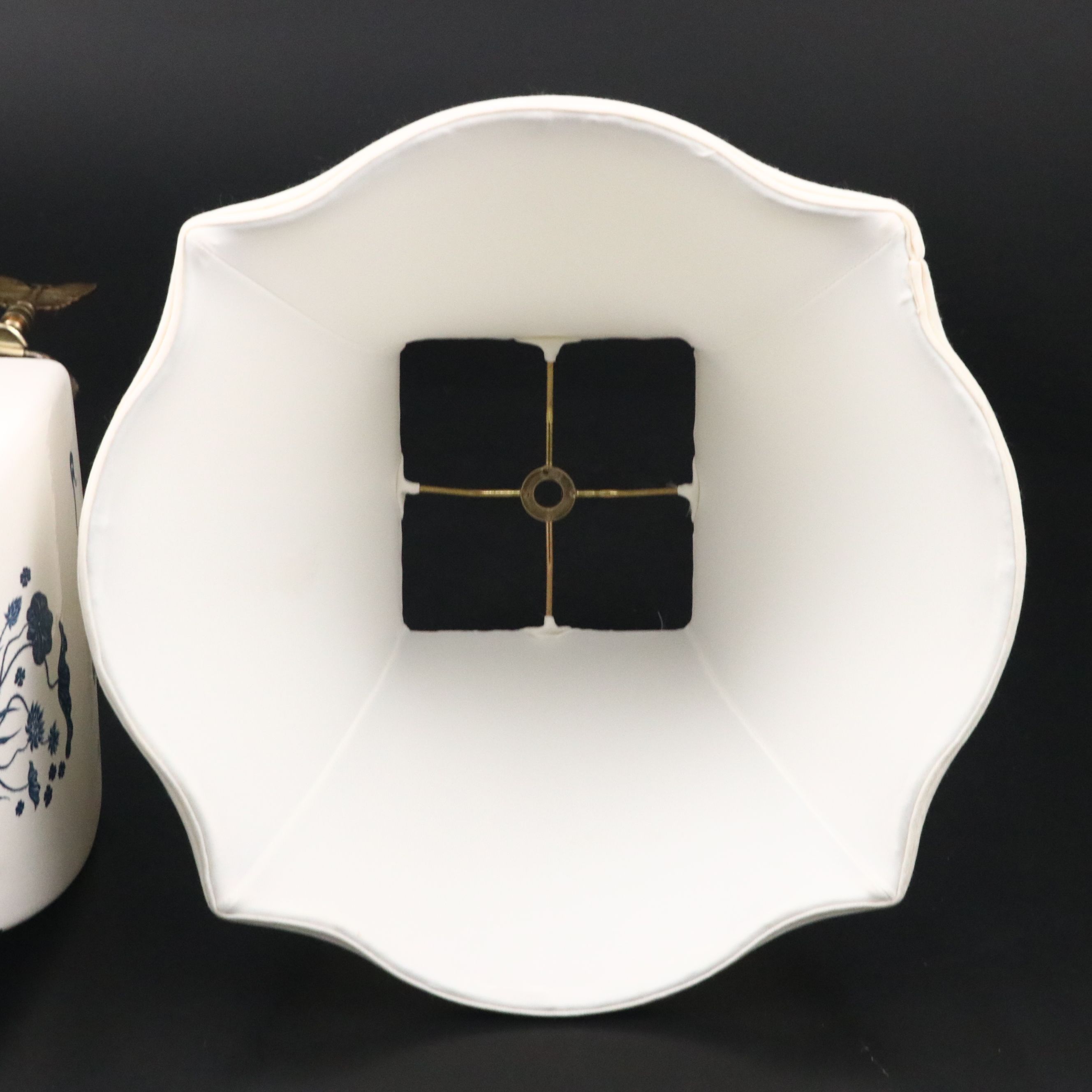 Chinese Blue and White Lotus Porcelain Table Lamp with Silk Bell Shade