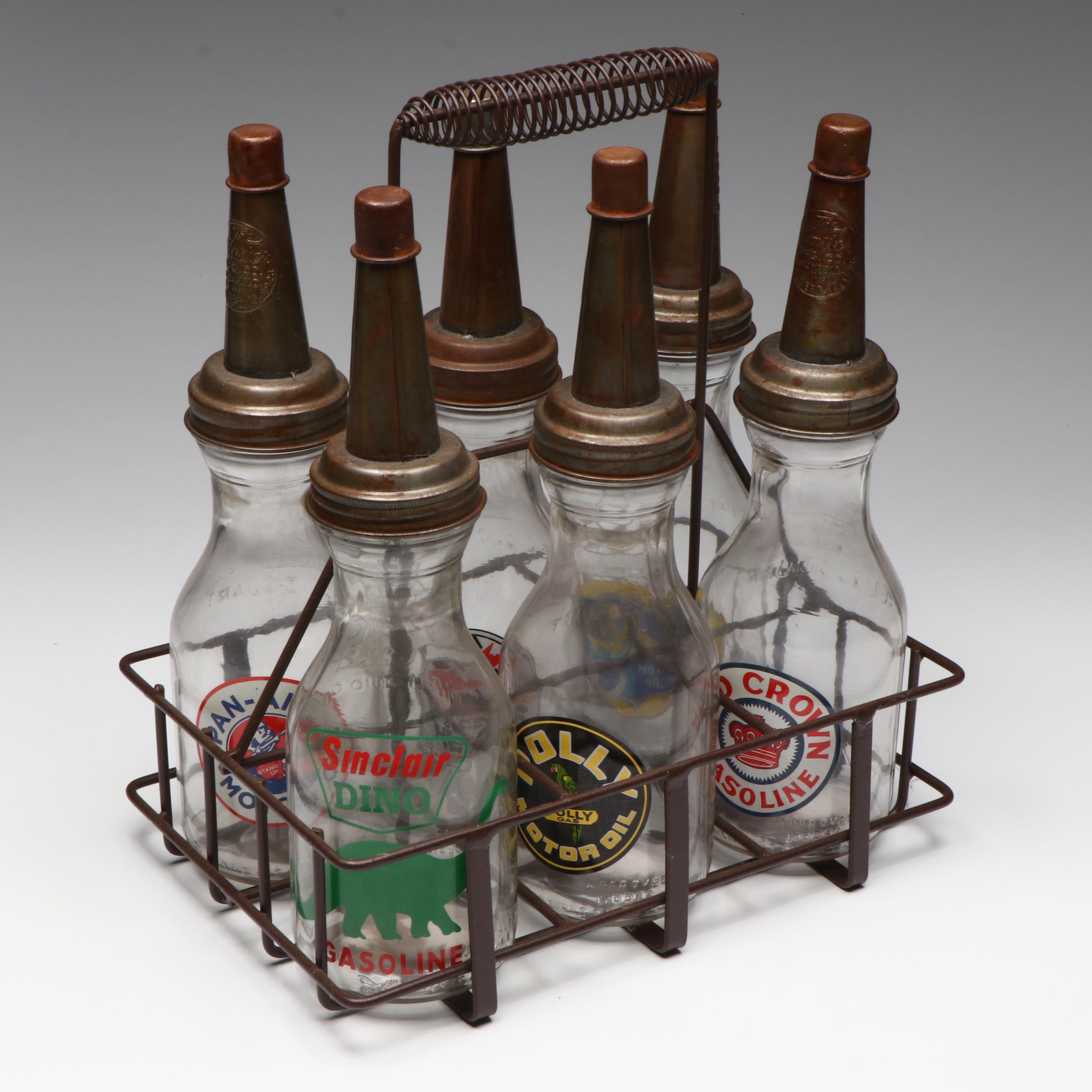 Red Crown, Polly, Sinclair with Other Glass Oil Bottles in Caddy
