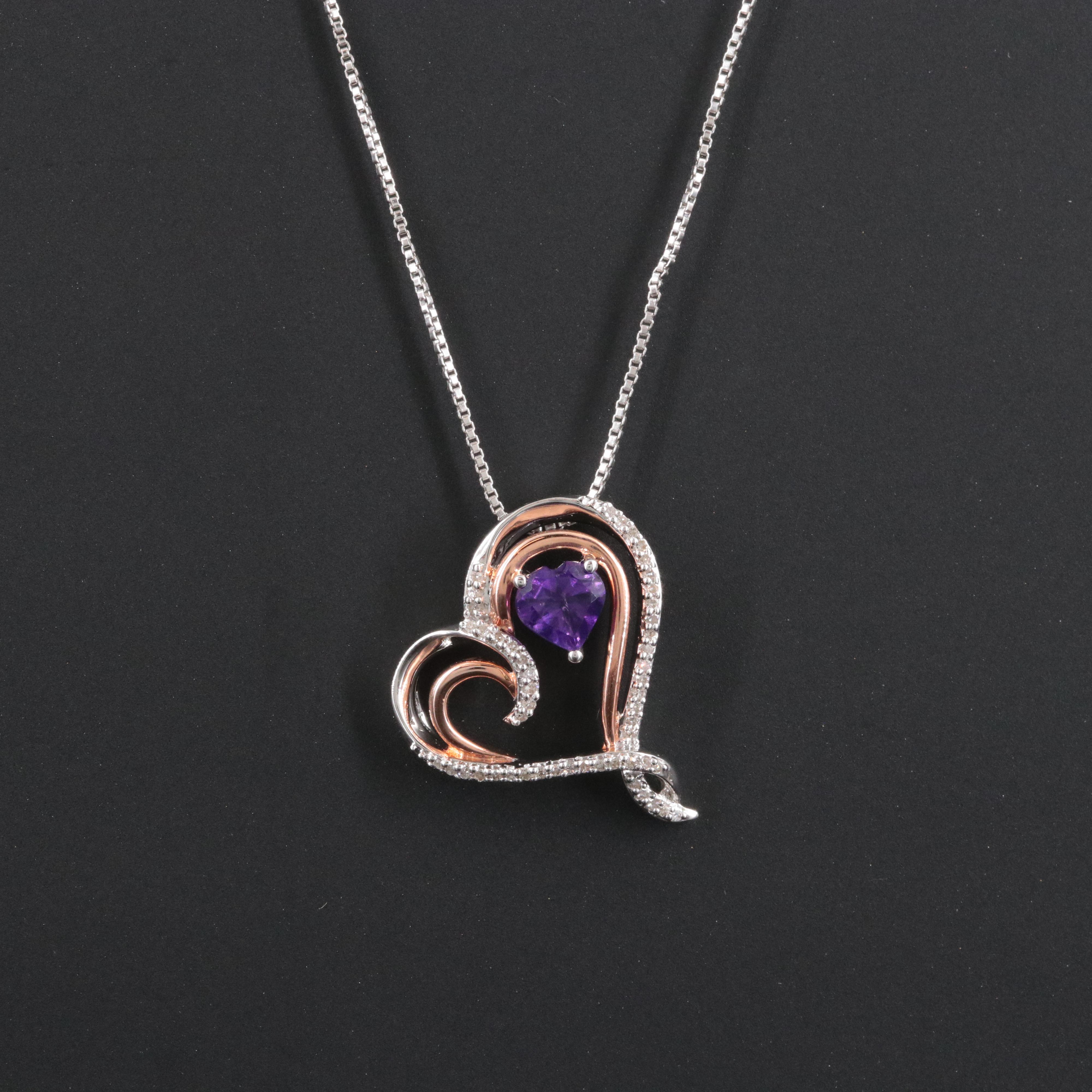 Hallmark Sterling Amethyst and Diamond Heart Pendant Necklace