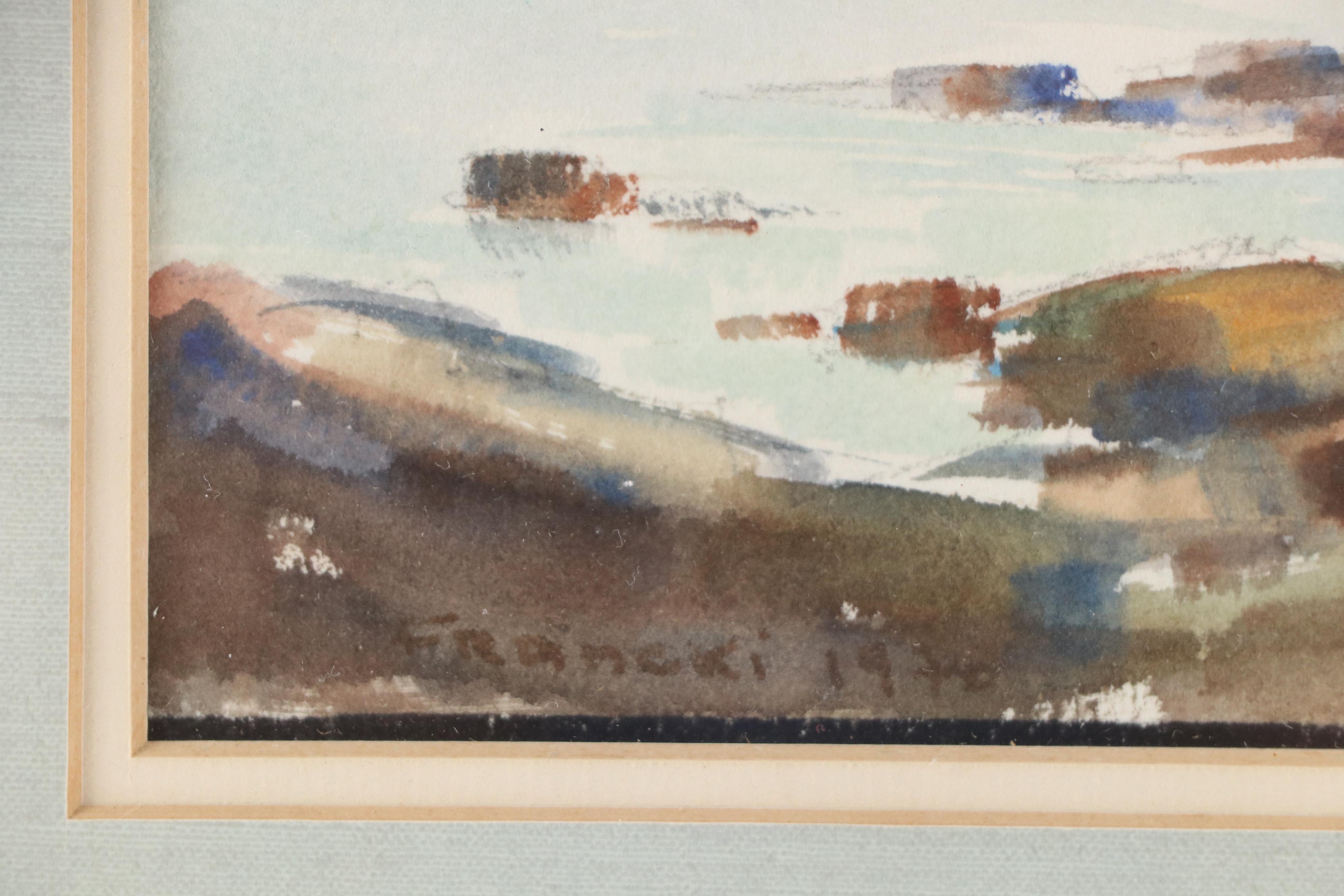 Jacques Francki Coastal Watercolor Painting of Rocky Shoreline, 1972